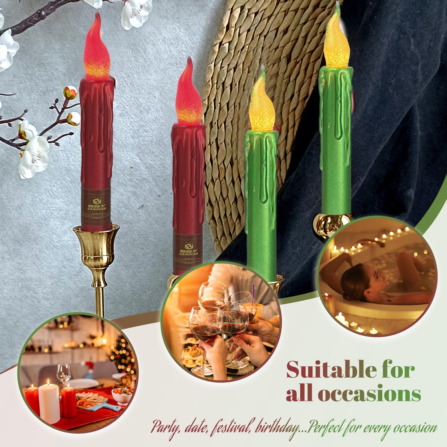 FCMSHAMD Christmas Metallic Red Green Flameless Short Taper Candles, Hand Dipped LED Battery Operated with Remote, Flickering Flame Lights for Home Décor, 6.7 Inch Primitive Flameless Candles, 4PCS