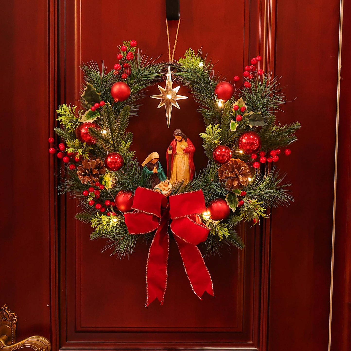 Moonet 19" Christmas Wreath with LED Lights Jesus Nativity Scene Garland for Home Hanging Ornament, Holiday Wreath with Lights for Front Door, Window, Fireplace