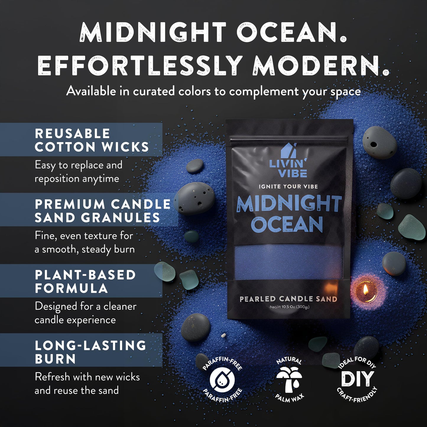LIVINVIBE Pearled Candle Sand 10.5 oz (300g) – Midnight Ocean Scented Candle, Dark Blue Color, Relaxing Aromatherapy, Home Decor, Stress Relief, Long-Lasting Burn