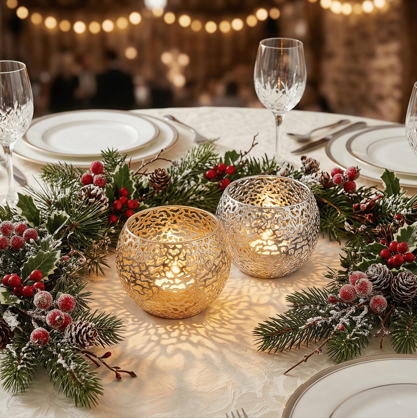 Metal Cut-Out Tealight Candle Holders Set of 2 – Geometric Lanterns for Table Centerpiece & Bathroom Spa – Shatterproof Holiday Decor, Winter Wedding (Gold/Silver)