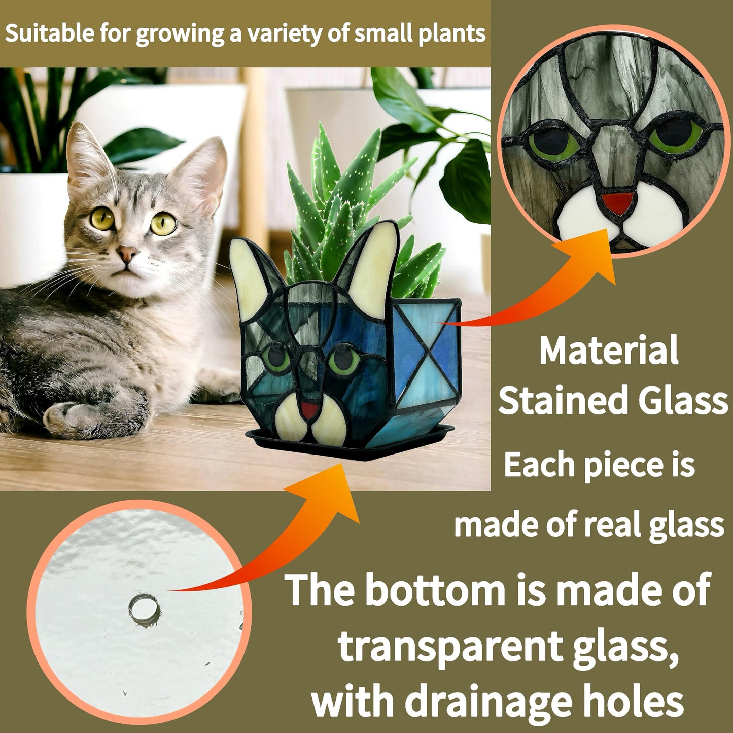 Entlityful Stained Glass Cat Tea Light Candle Holder Glass,Pencil Holders for Desk,Funny Cactus Pot,Gift for Cat Lover