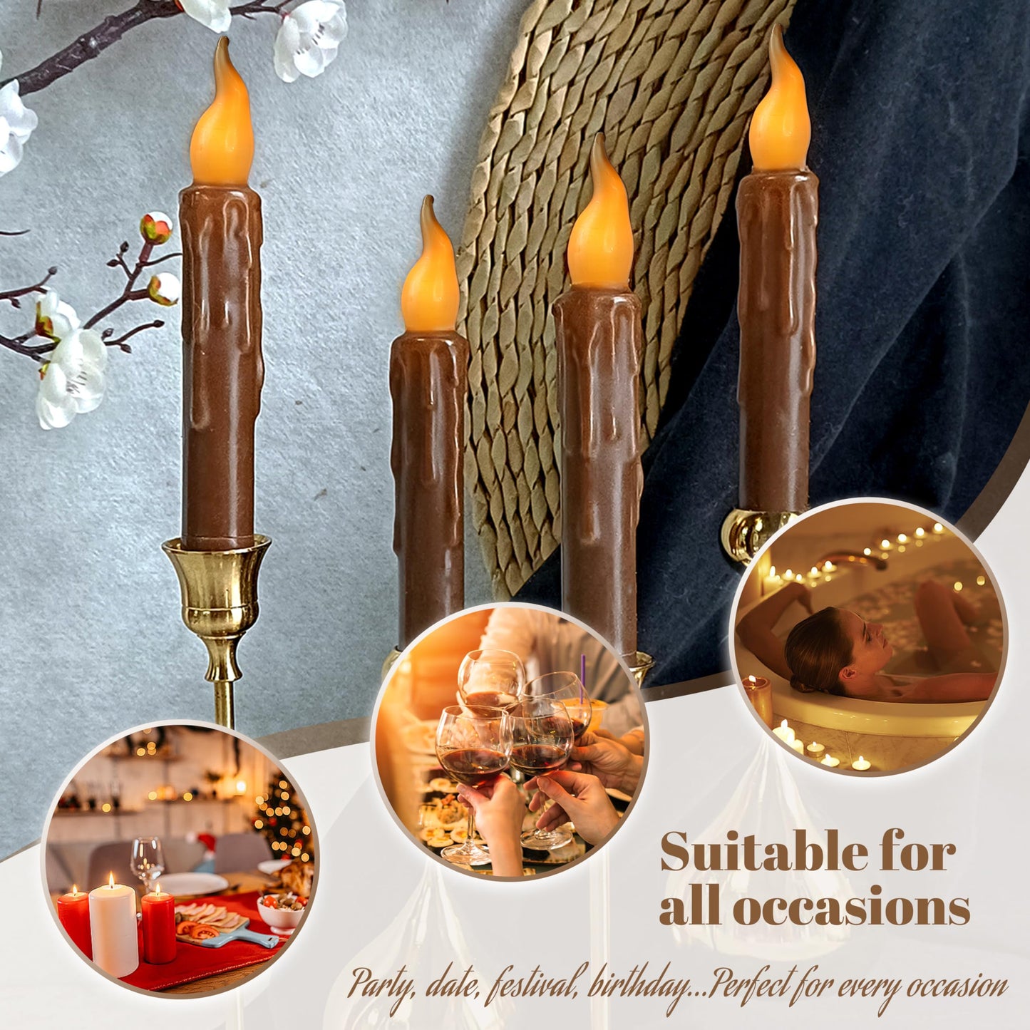 FCMSHAMD Brown Flameless Short Taper Candles, Real Wax Hand Dipped LED Battery Operated with Remote, Flickering Flame Lights for Festival Party Home Décor, 6.7 Inch Primitive Flameless Candles, 4PCS