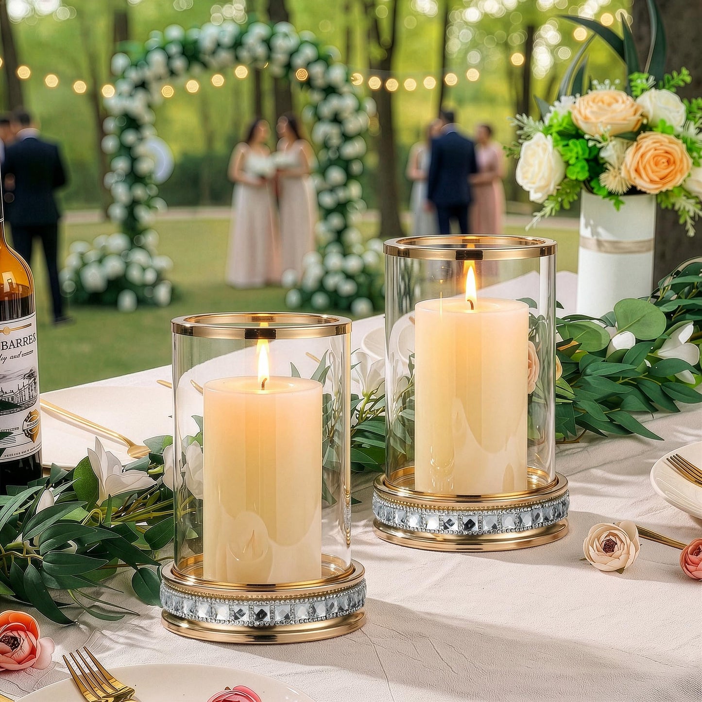 2pcs Hurricane Candle Holder, Pillar Candle Holders with Clear Glass Sleeve, Small Crystal Lantern for Fall Thanksgiving Christmas Holiday Dining Table Centerpiece (Gold)