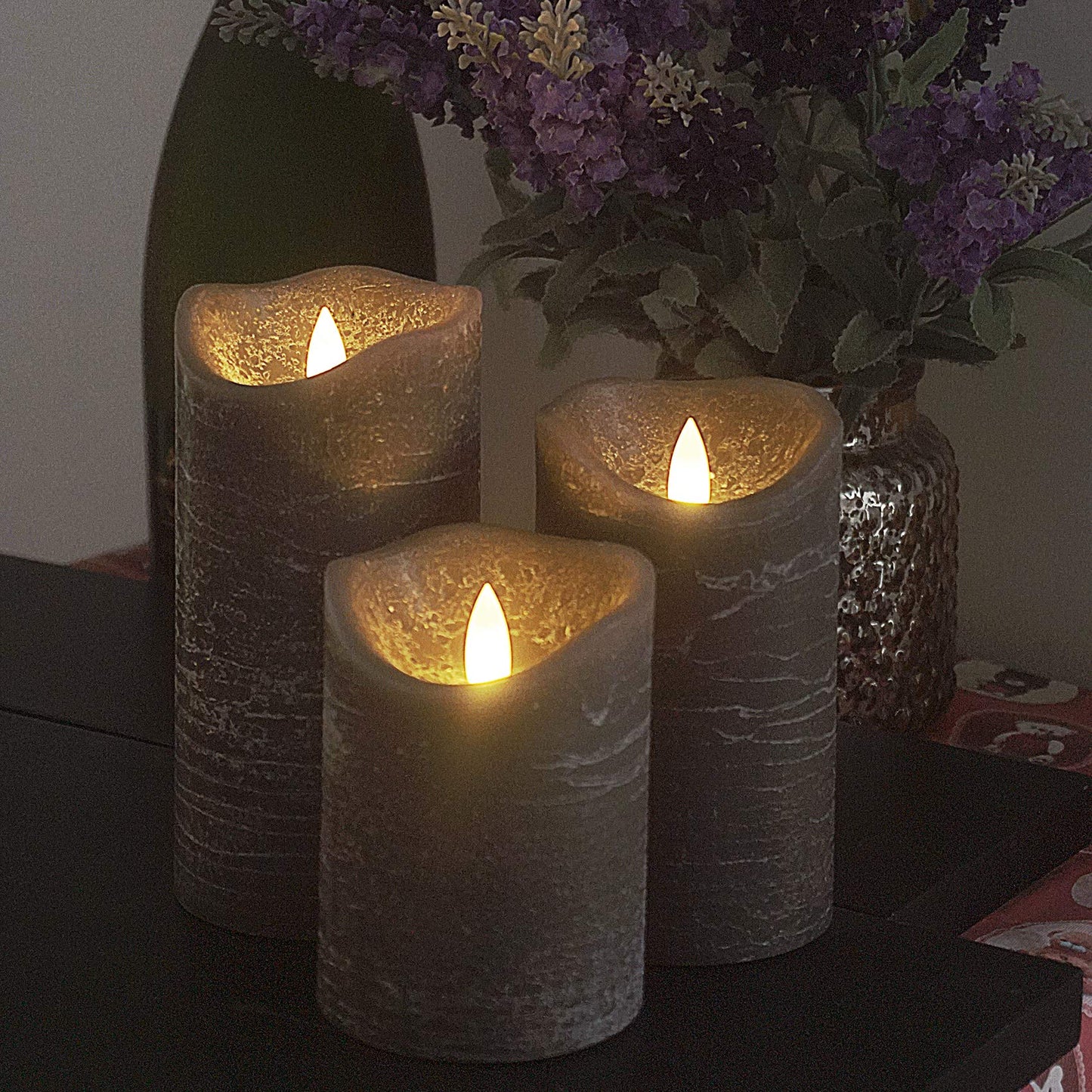 Battery Operated Flameless Candles with Remote Timer Real Wax Realistic Bright Flicker Flickering Electric Electronic LED Pillar Lights Home Wedding Party Decorations Set of 3 Rustic Texture Gray Grey