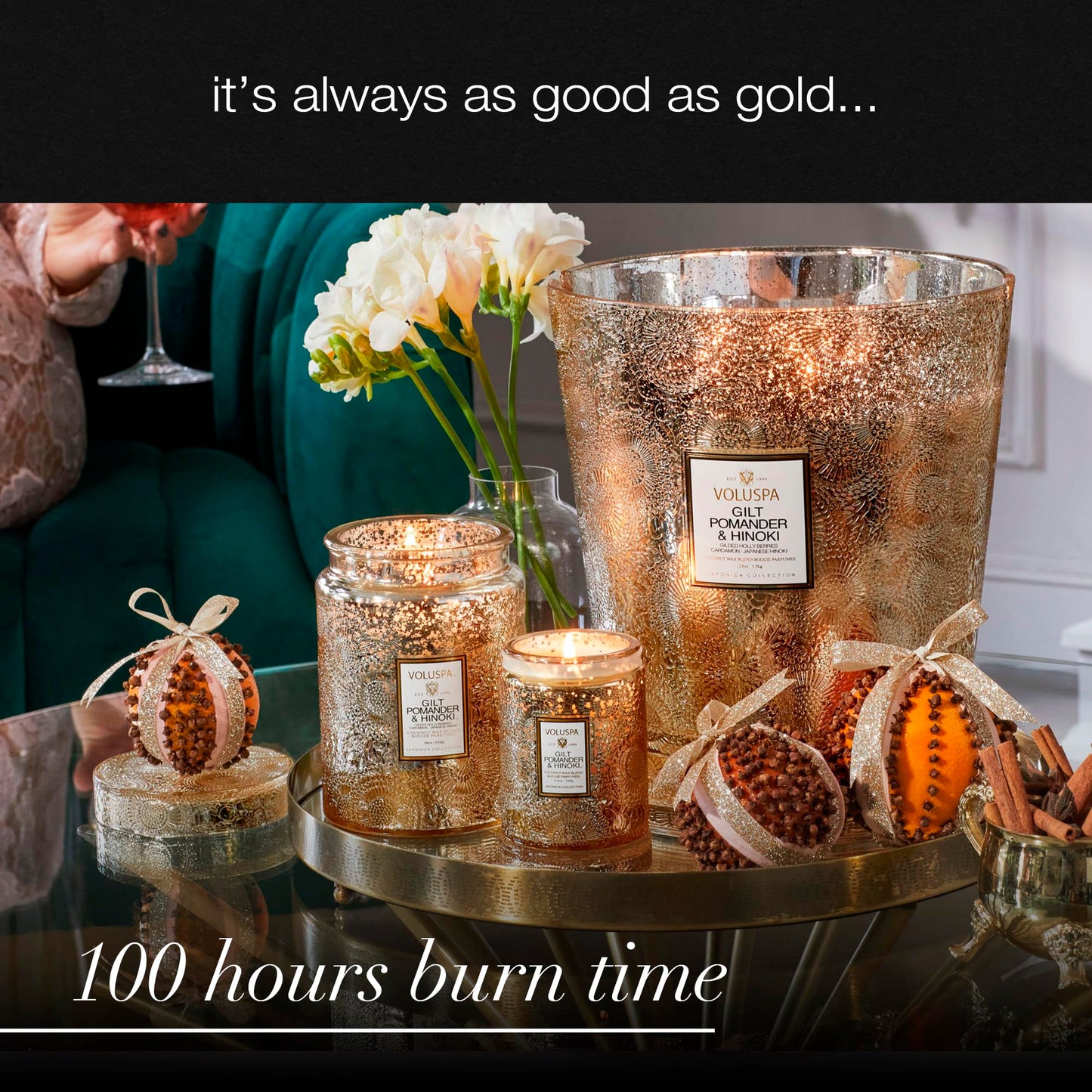 Gilt Pomander Hinoki, Large Candle Jar, 18 oz, 100 Hour Burn Time, Coconut Wax for Clean Burning, Handcrafted in the USA