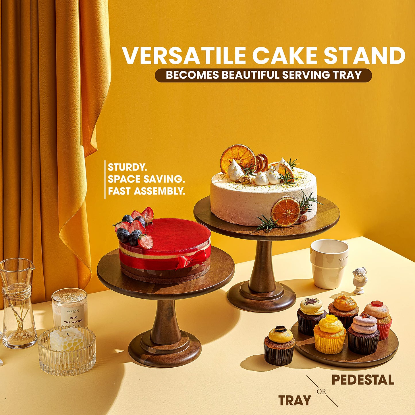 TIDITA Set of 3 Acacia Wood Cake Stand Set – Wooden Rustic Farmhouse Cupcake Stand - Wedding and Birthday Decorating Cake Pedestal Stand - Dessert Display Serving Use at Parties, Restaurants, Birthday