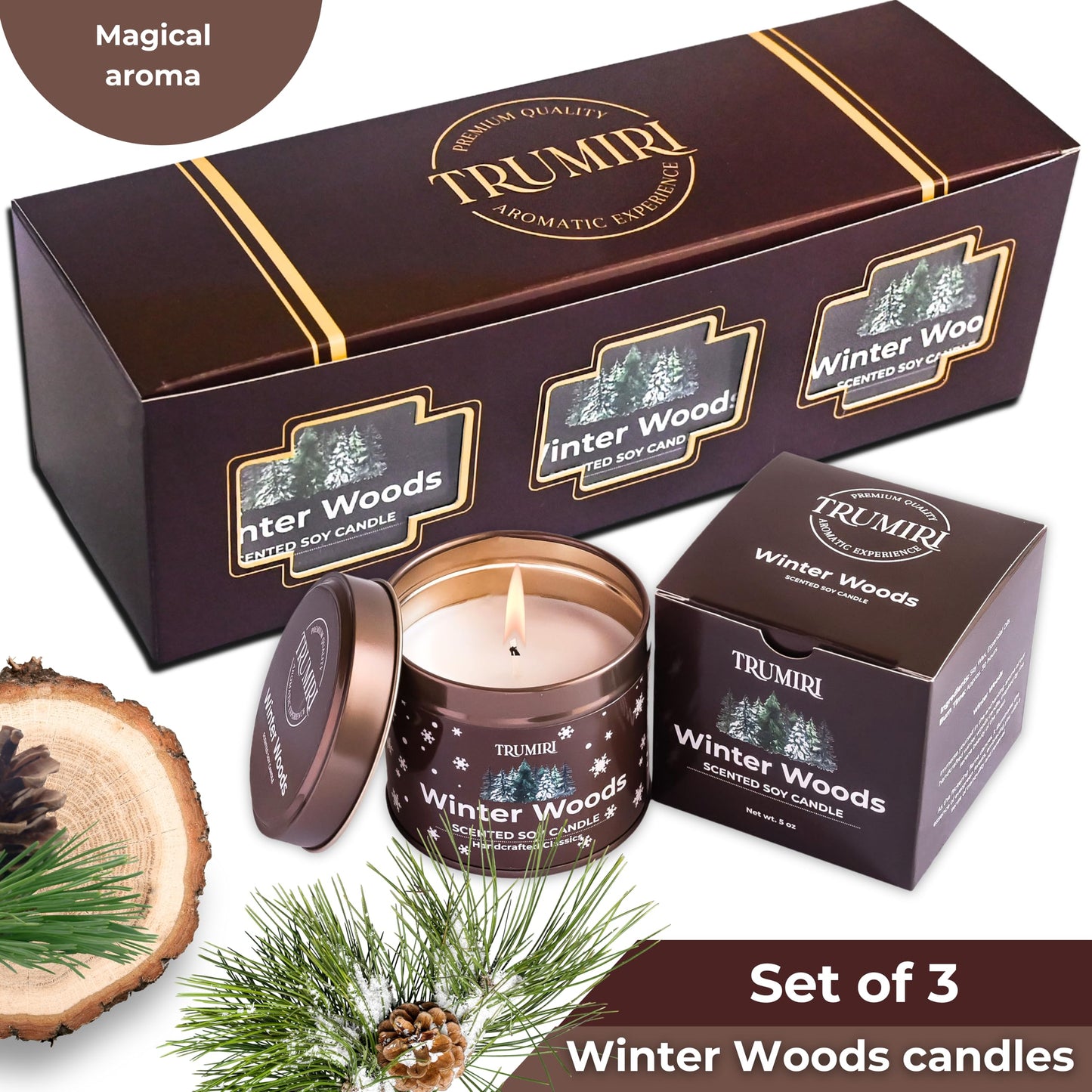 Winter Woods - Soy Candles for Home Scented - for Fall Christmas Holidays - Pack of 3 x 5oz Natural Clean Non Toxic - Long Lasting Highly Scented Pet Safe - Velas Aromáticas para el Hogar Pine Candel