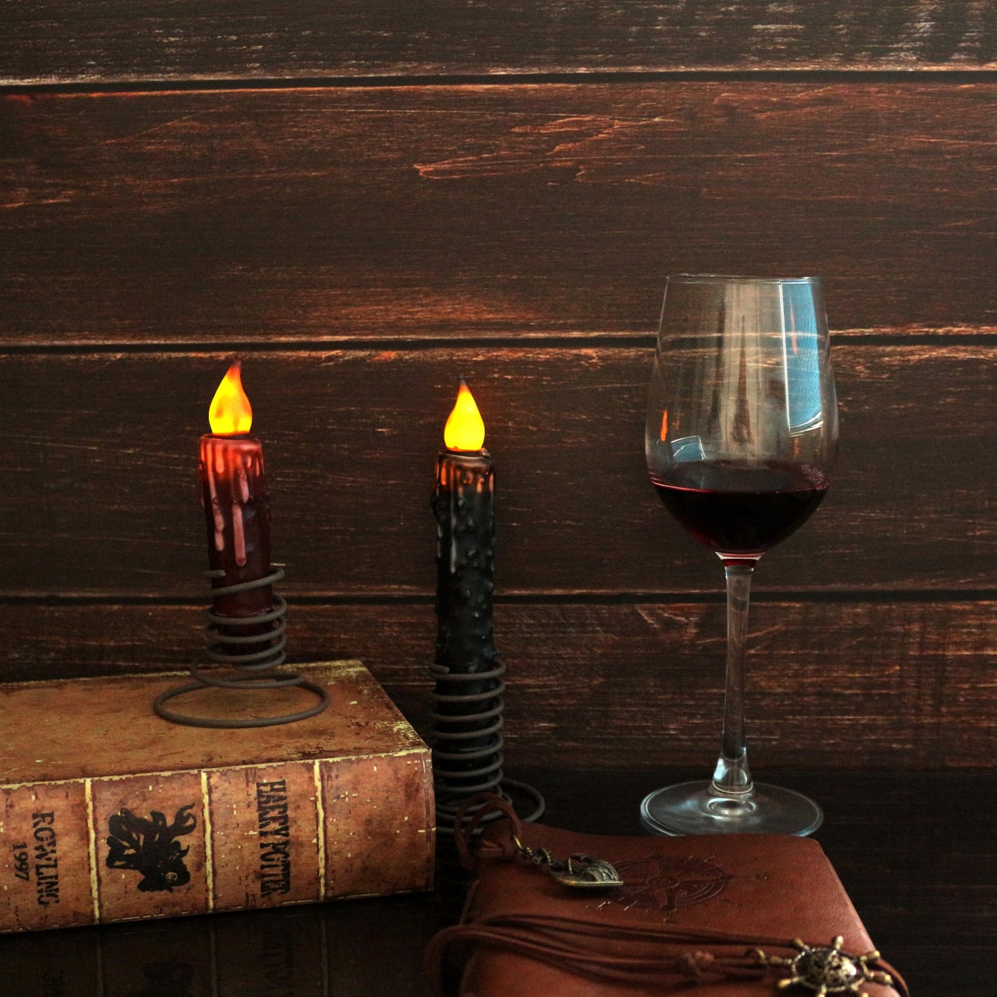CVHOMEDECO. Real Wax Hand Dipped Battery Operated LED Timer Taper Candles Country Primitive Flameless Lights Décor, 4-3/4 Inch, Burgundy, 2 PCS in a Package