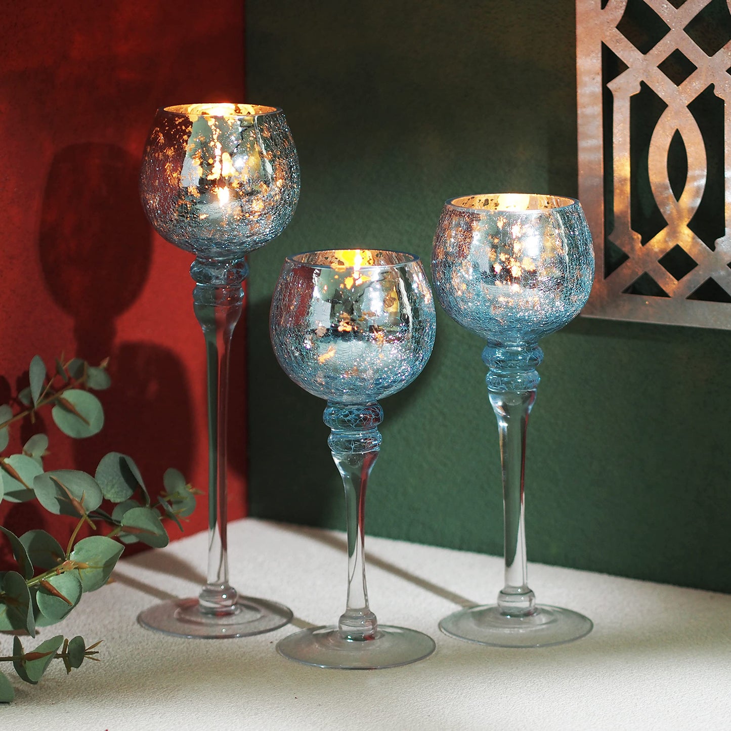 Hosley Elevate Ambiance with Set of 3 Crackle Blue Glass Tealight Holders 12 Inch, 10 Inch, 9 Inch Stylish Home Decor for Unique Candle Displays