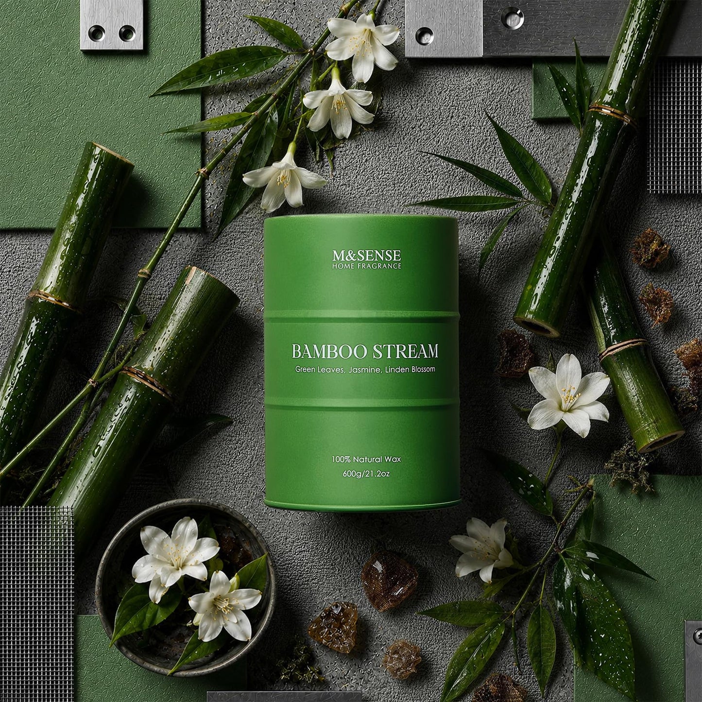 M&SENSE Bamboo Scented Candles Natural Non Toxic, Large Aromatherapy Candle for Stress Relief Meditation Relaxing, Housewarming Gifts for Women Men, 21.2oz 120 Hour Long Burning
