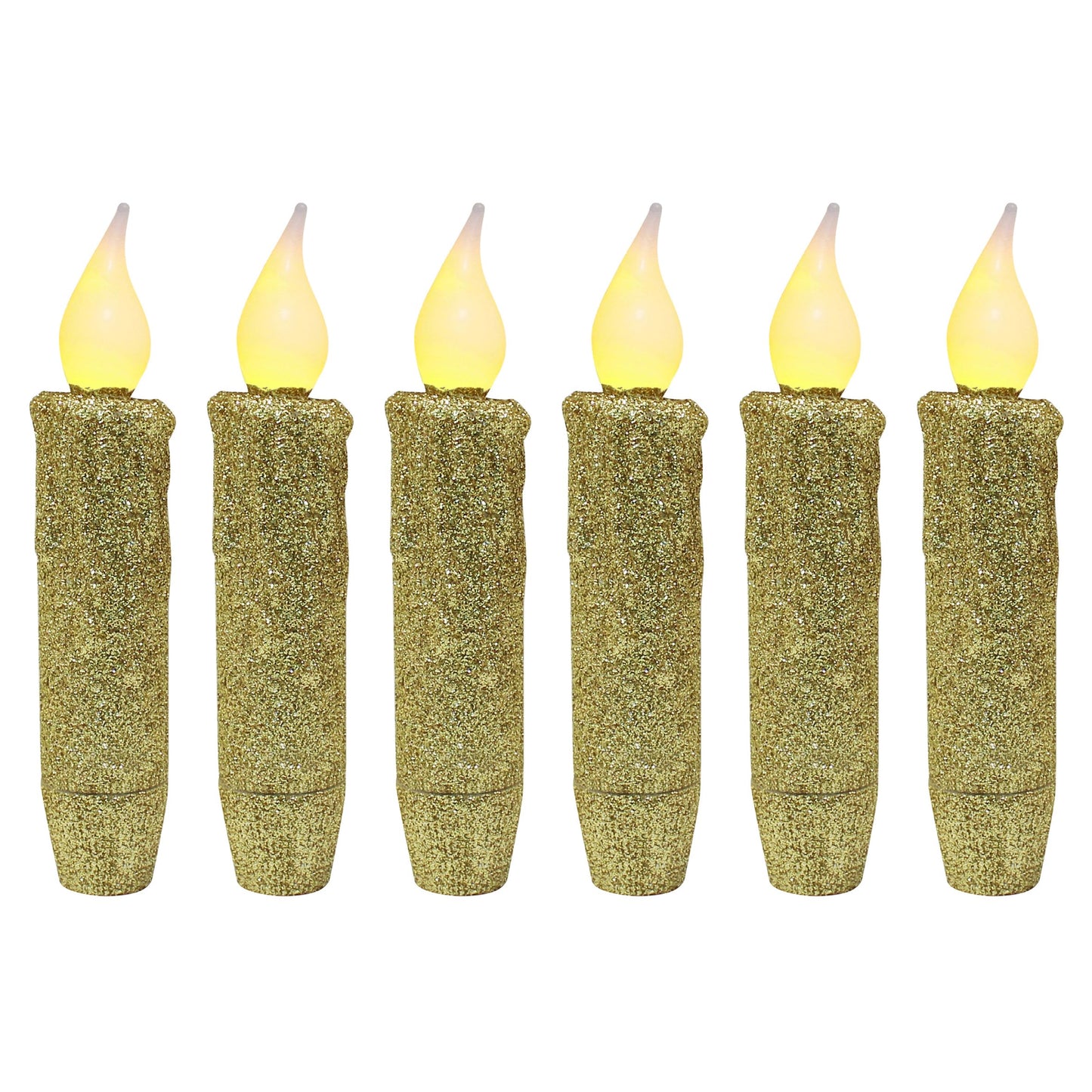 CVHOMEDECO. Glitter Flameless Candles Flickering Battery Operated LED Taper Candles with Timer for Home, Wedding, Halloween, Christmas Decor. Gold, 4-3/4 Inch, Set of 6