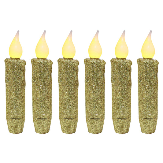CVHOMEDECO. Glitter Flameless Candles Flickering Battery Operated LED Taper Candles with Timer for Home, Wedding, Halloween, Christmas Decor. Gold, 4-3/4 Inch, Set of 6