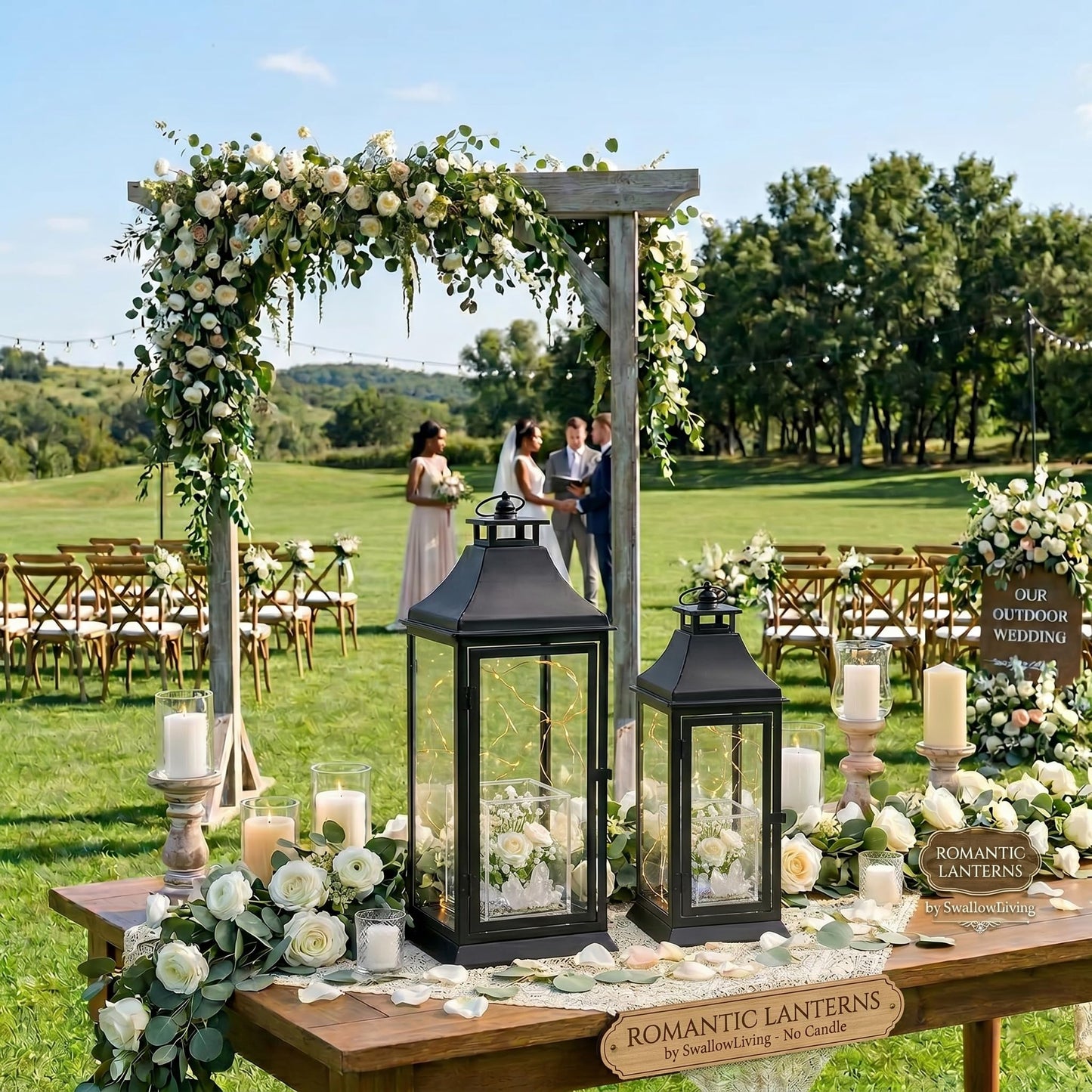 SwallowLiving Black Outdoor Lanterns Set of 2, 19.5" & 13.3" Farmhouse Large Metal Decorative Candle Lanterns with Tempered Glass for Patio, Fireplace, Table Centerpiece & Indoor Decor (No Candle)