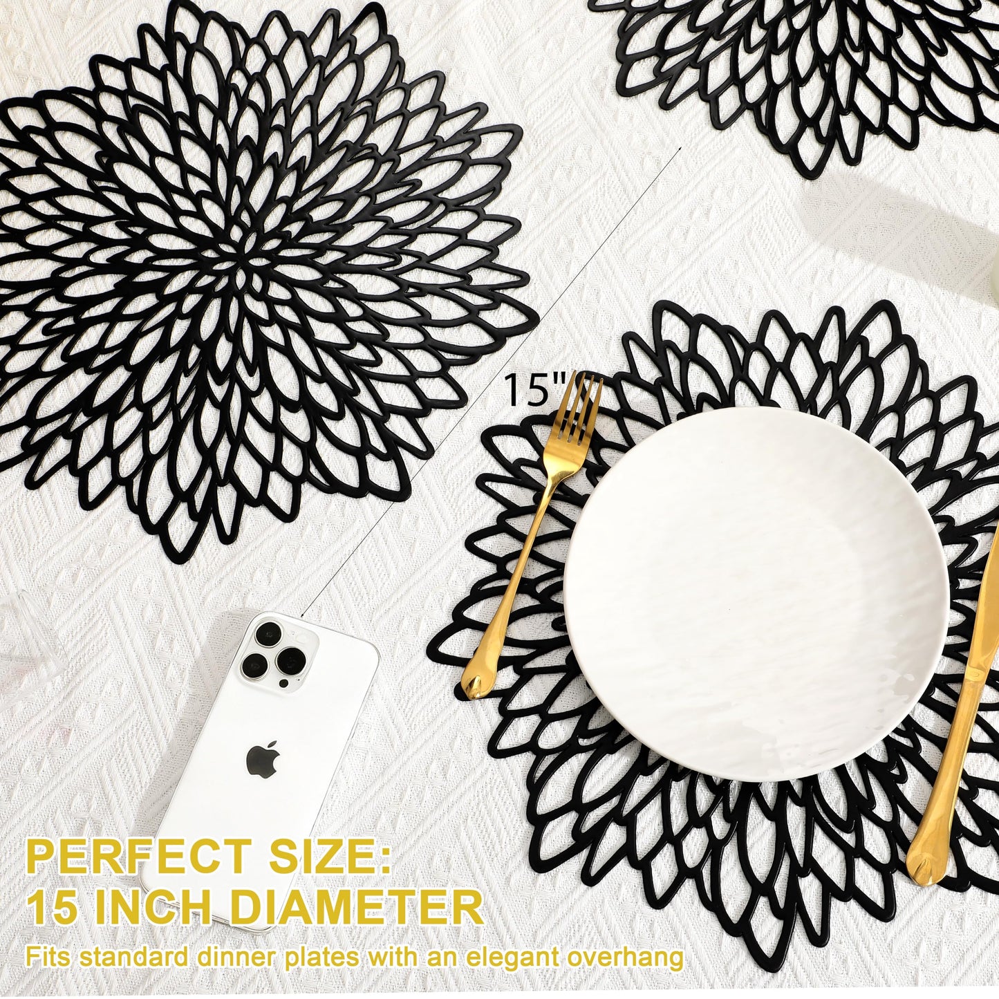 Set of 12 Round Placemats Black, Heat-Resistant PVC Table Mats with Luxury Metallic Glossy Finish for Thanksgiving Christmas Wedding Party Decor, Easy to Clean