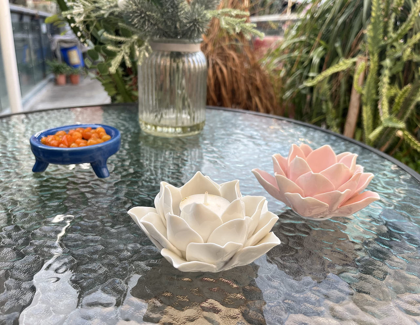 Ceramic Lotus Petals Style Flower Candle Holder Tea Lights Holder Home & Table top Decoration (White)