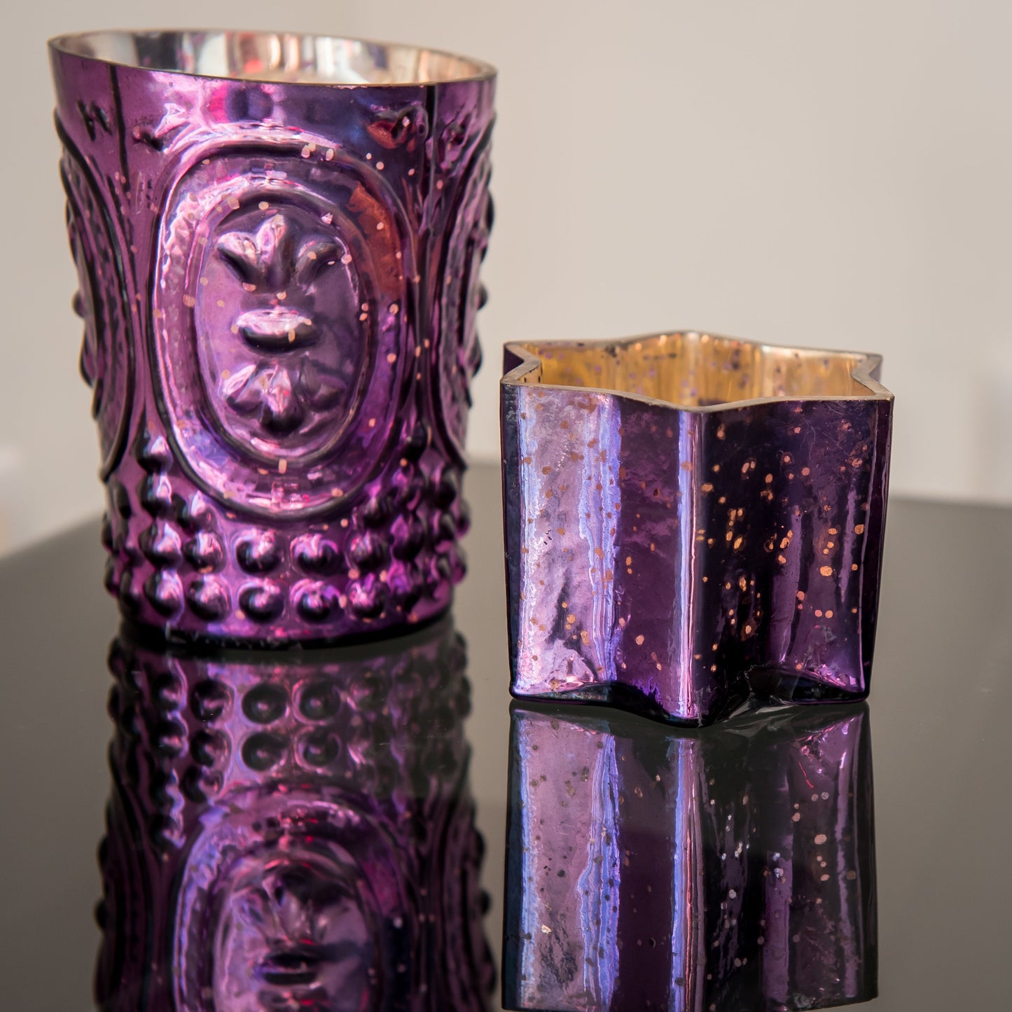 Insideretail 700457-12PUR Mercury Glass Star Tea Light Holders (Set of 12), 7cm x 7cm x 4.5cm, Distressed Purple