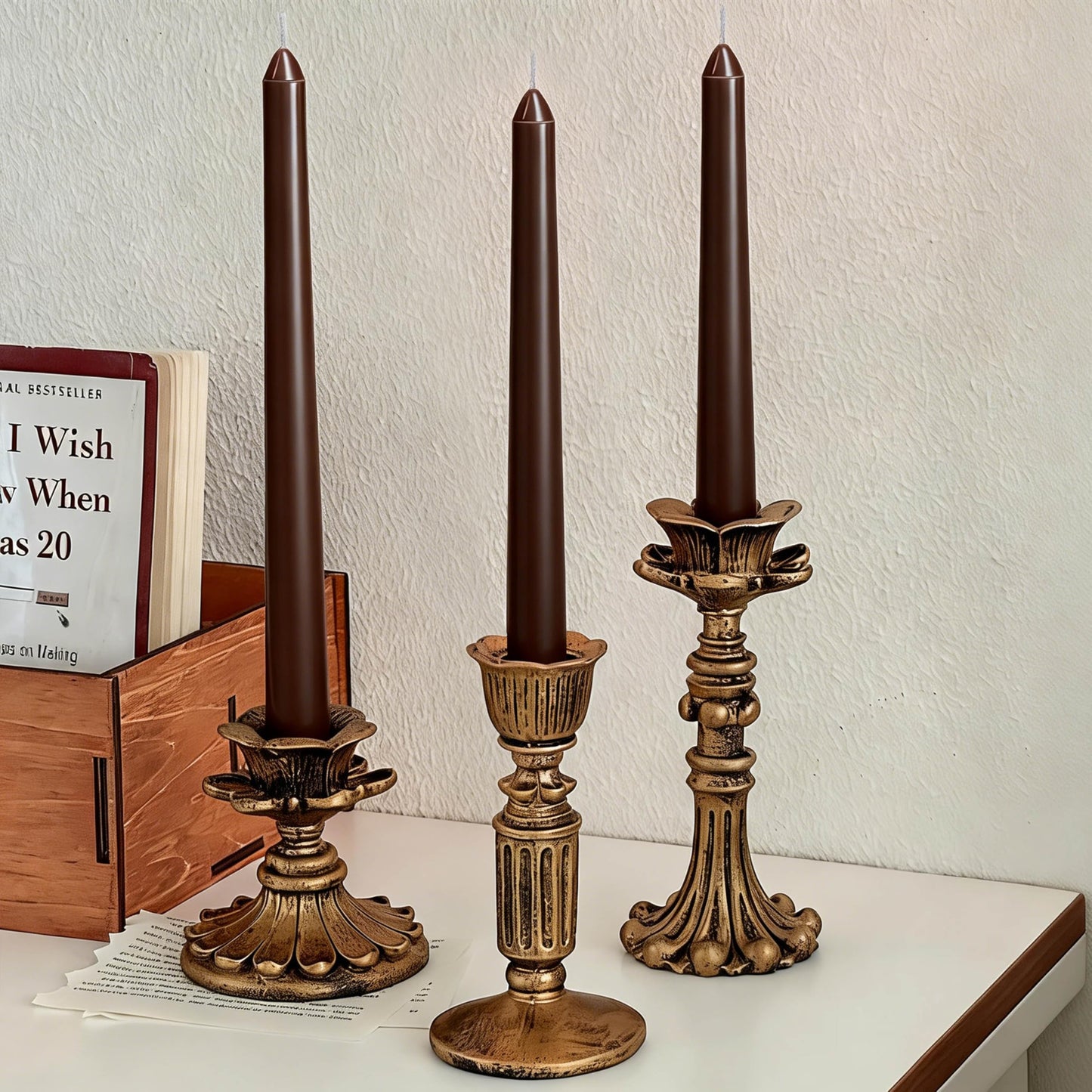 Everymoment Mocha Brown Taper Candles - 12 Pack 10 Inch Unscented Dripless & Smokeless Candlesticks - 8 Hours Tall Candle Sticks - Perfect for Wedding Romantic Dinner Holiday Party Home Decor