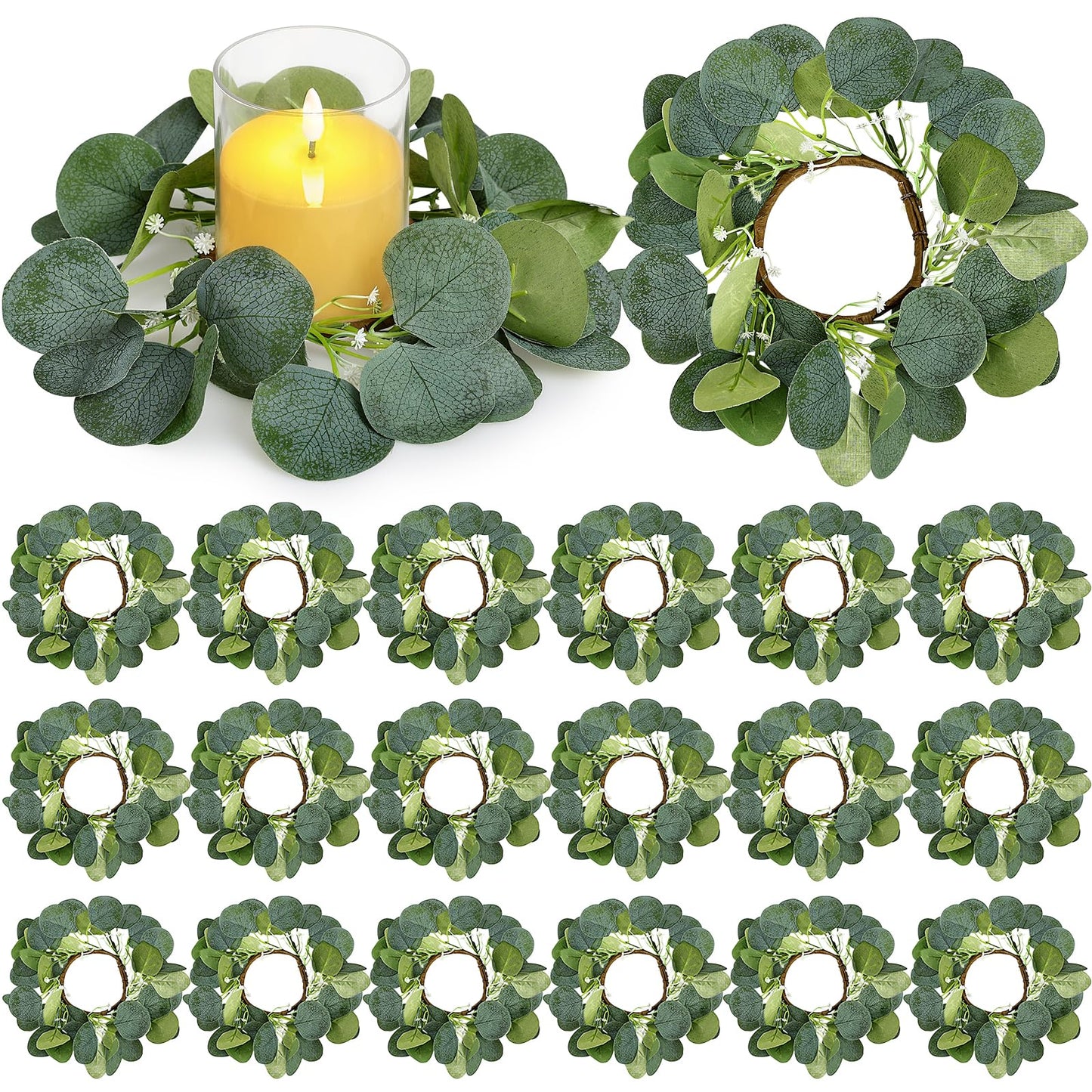 Tobilu 20 PCS Candle Rings - Artificial Eucalyptus Leaves Candle Wreaths Greenery for Pillar Fireplace Wedding Table Centerpieces Farmhouse Home Kitchen Decor