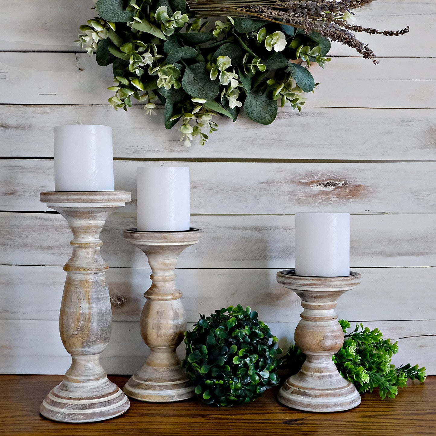 Candle Holders for Pillar Candles, Wooden Candleholders Table Centerpiece, Pillar Candle Holders Set of 3, Wood Rustic Farmhouse Fireplace White