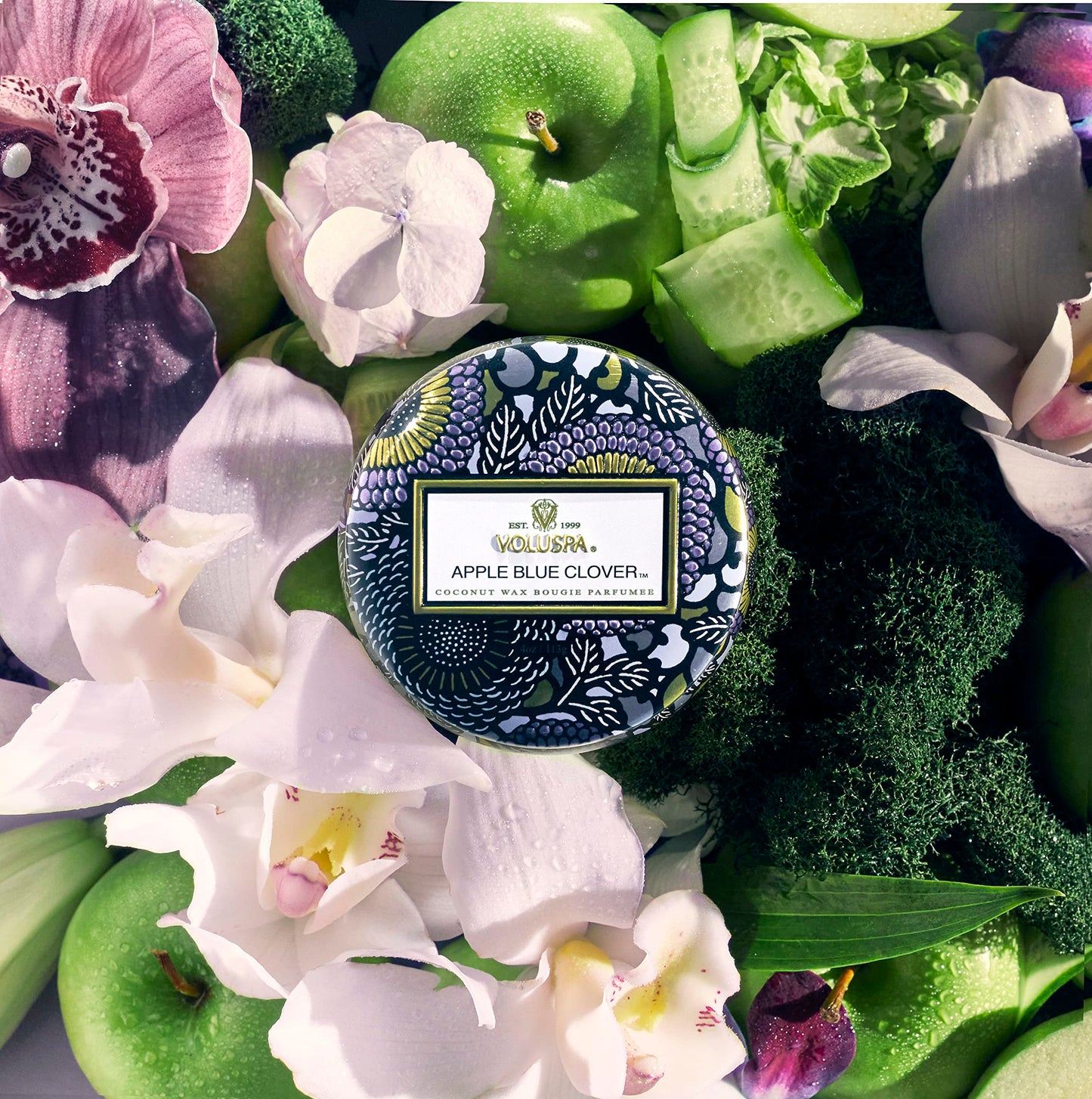 Voluspa Apple Blue Clover Candle | 3 Wick Tin | 12 Oz. | Coconut Wax for Clean Burning