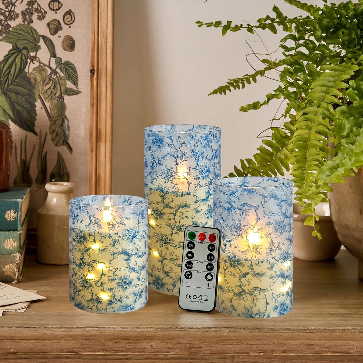 NjaoHoo Flickering Flameless Candles, Recessed String Light LED Candles 3D Wick Acrylic Battery Operated LED Pillar Candles with Remote and Timer for Modern Simple Home Decor Set of 3(Blue Twig)