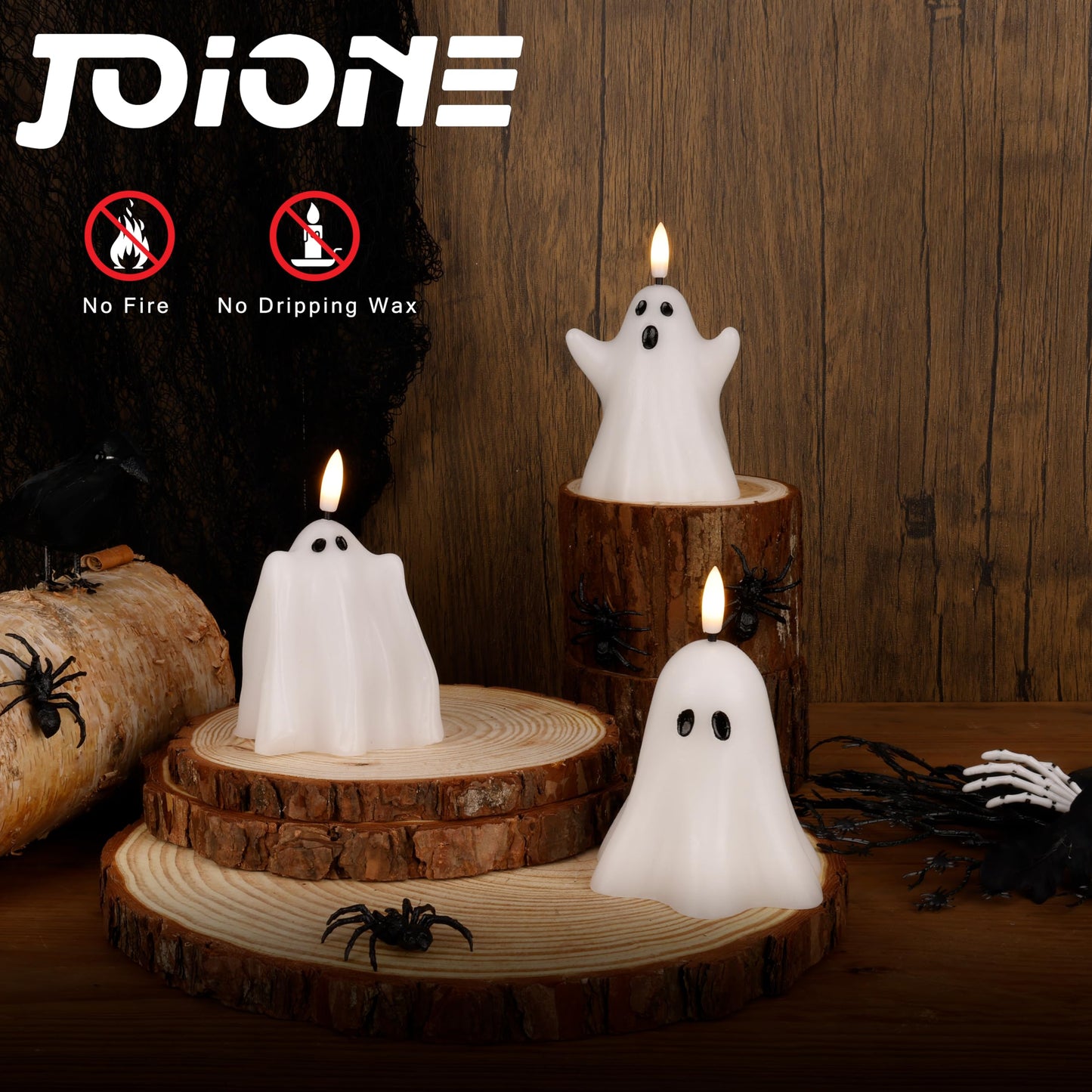 JOIONE Halloween Flameless Candles with Remote, 3D Flickering Flame Real Wax LED Battery Operated Candles, Cute Ghost Halloween Candle for Party and Home Decorations, Set of 3