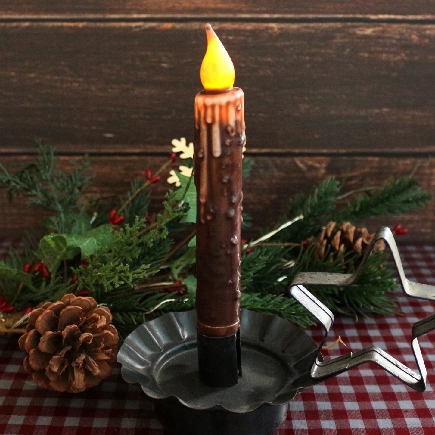 CVHOMEDECO. Real Wax Hand Dipped Battery Operated LED Timer Taper Candles Rustic Primitive Flameless Lights Décor, 6-3/4 Inch, Brwon, 6 PCS in a Package