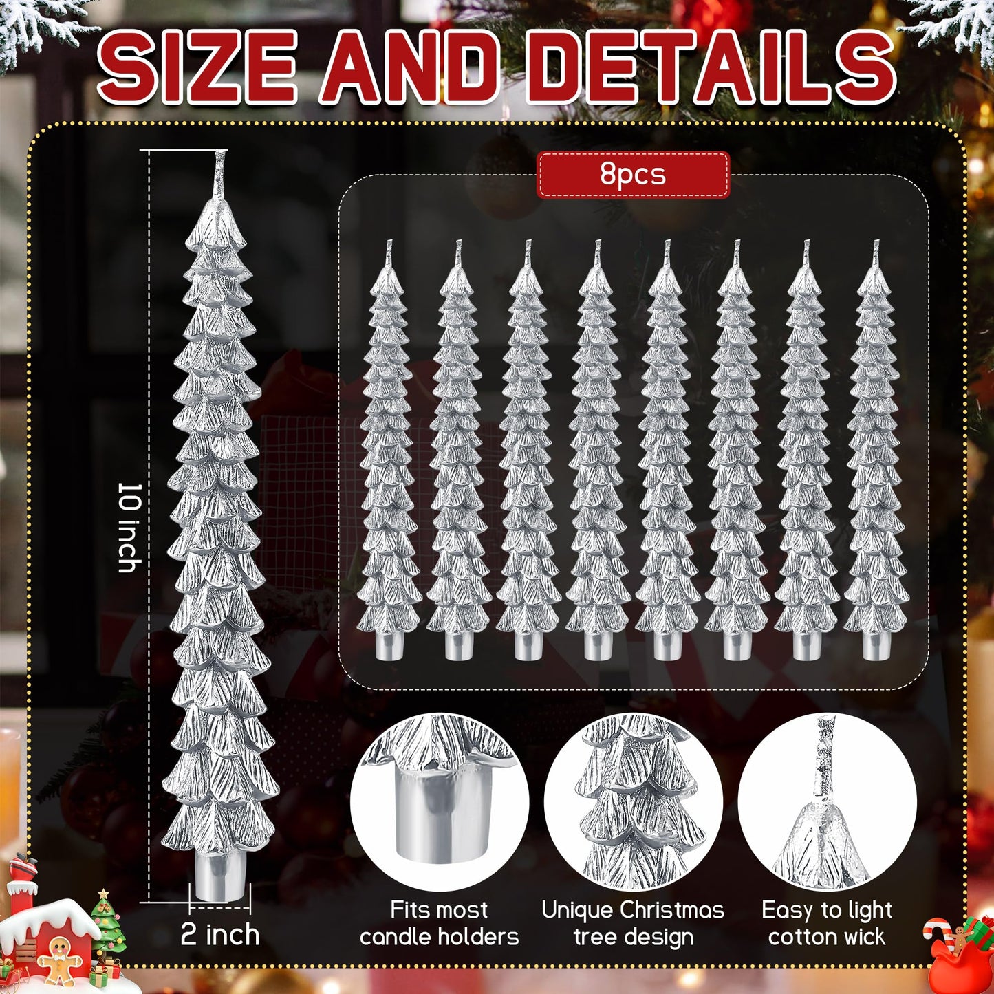 Ceoighe 8 Pack Christmas Tree Candles, 10 Inch Pure Beeswax Christmas Tree Shaped Taper Candles for Xmas Holiday Decor, Advent Party Banquet Centerpiece Decoration(Silver)