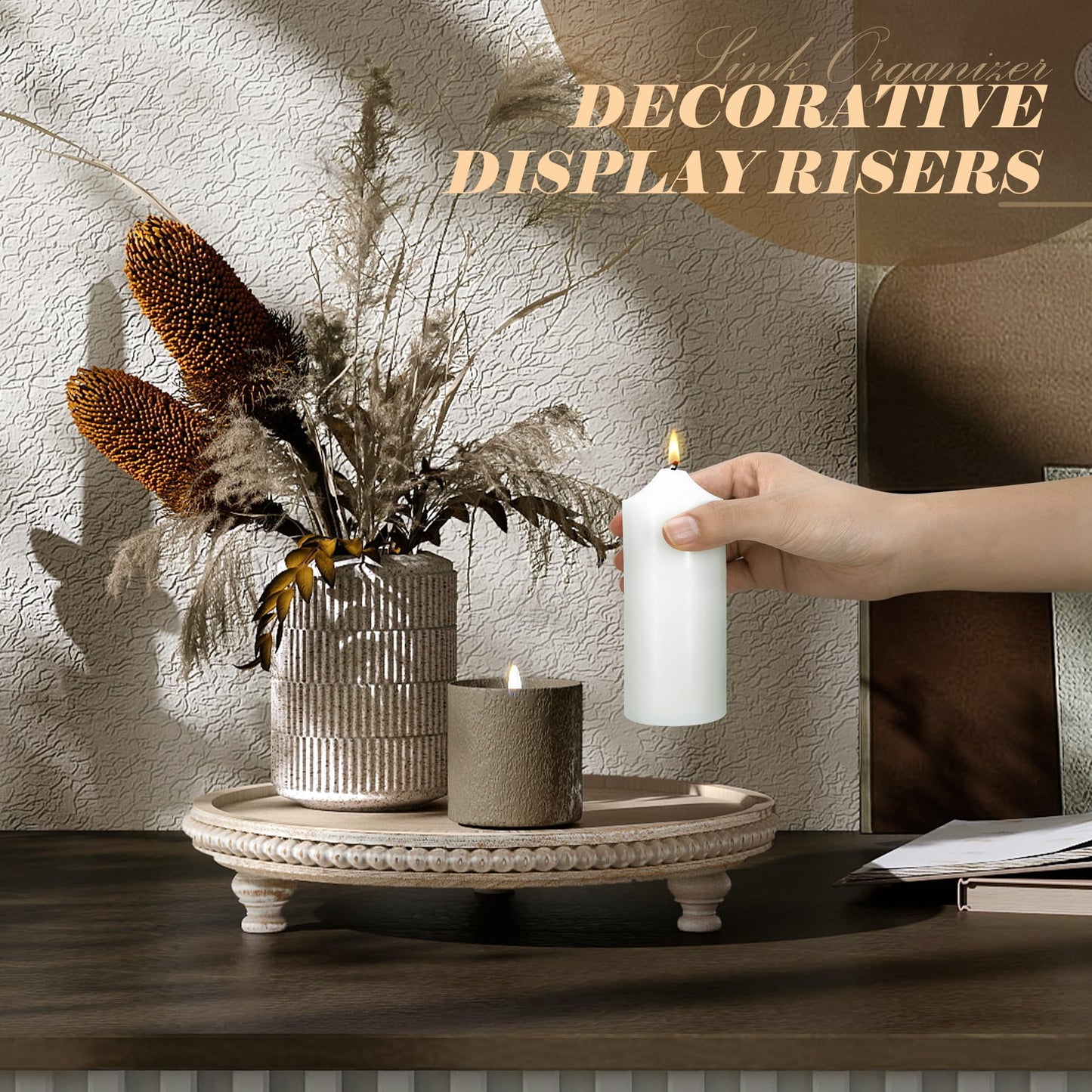 EOSAHR Rustic Round Pine Wooden Display Riser – Farmhouse Beaded Wooden Trays For Decor, Plant Stand & Coffee Table – Display Risers for Room Decor & Kitchen Organizer (Light-Natural)