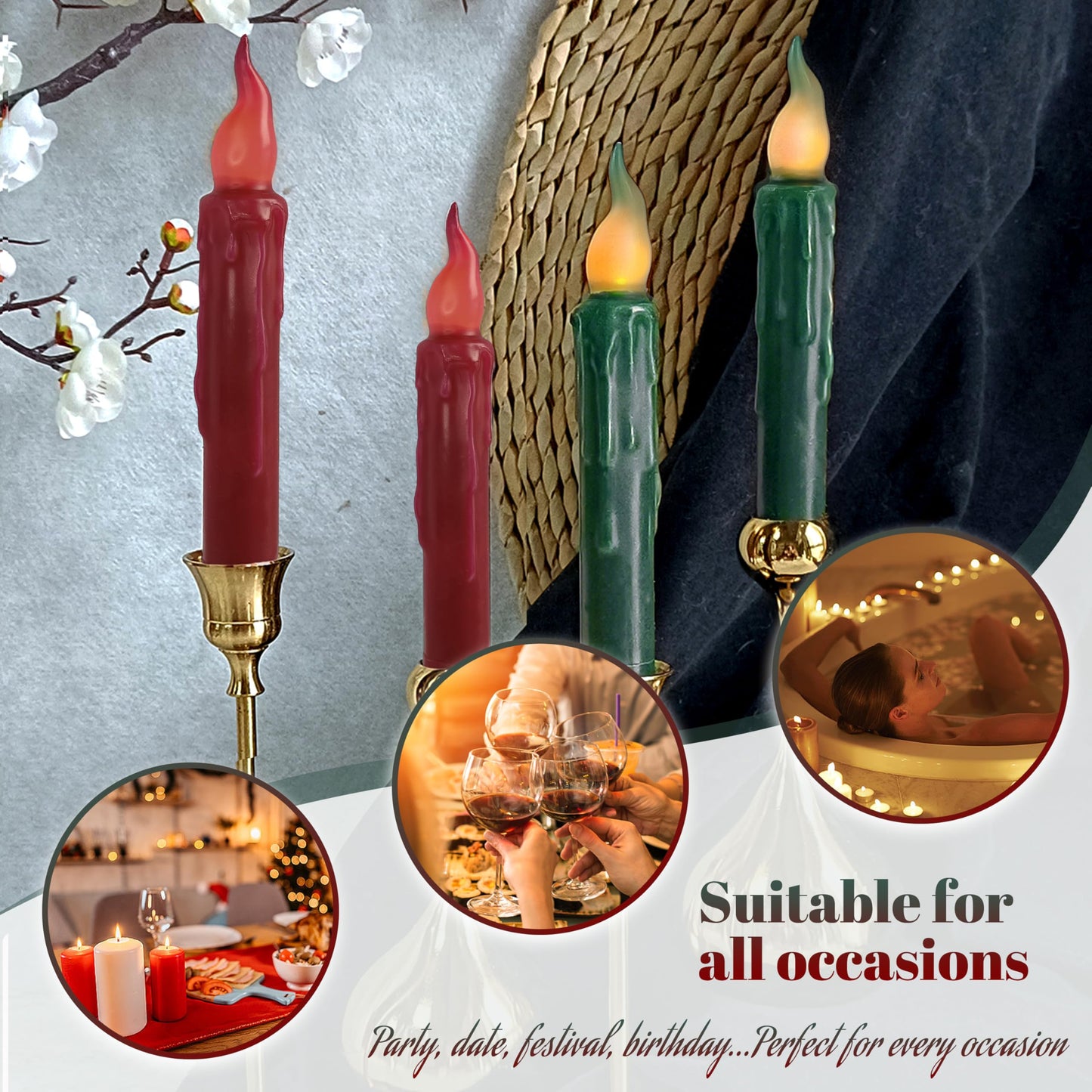 FCMSHAMD Christmas Red Green Flameless Short Taper Candles, Real Wax Hand Dipped LED Battery Operated with Remote, Flickering Flame Lights for Home Décor, 6.7 Inch Primitive Flameless Candles, 4PCS