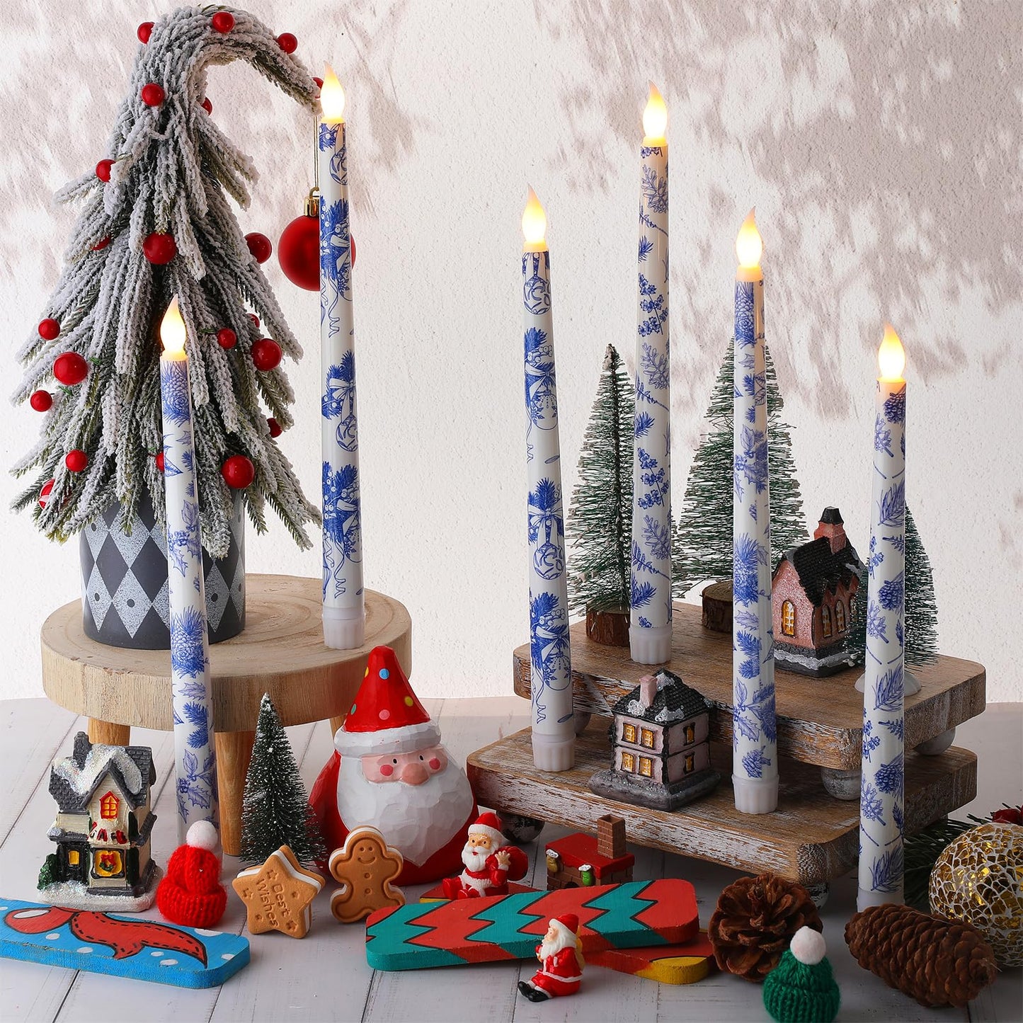 Kittmip 6 Pcs Christmas Blue White Flameless Taper Candles 11 Inch Chinoiserie Battery Operated LED Candlestick Holly Mistletoe Floral Table Centerpiece for Xmas Winter Holiday Party Decoration