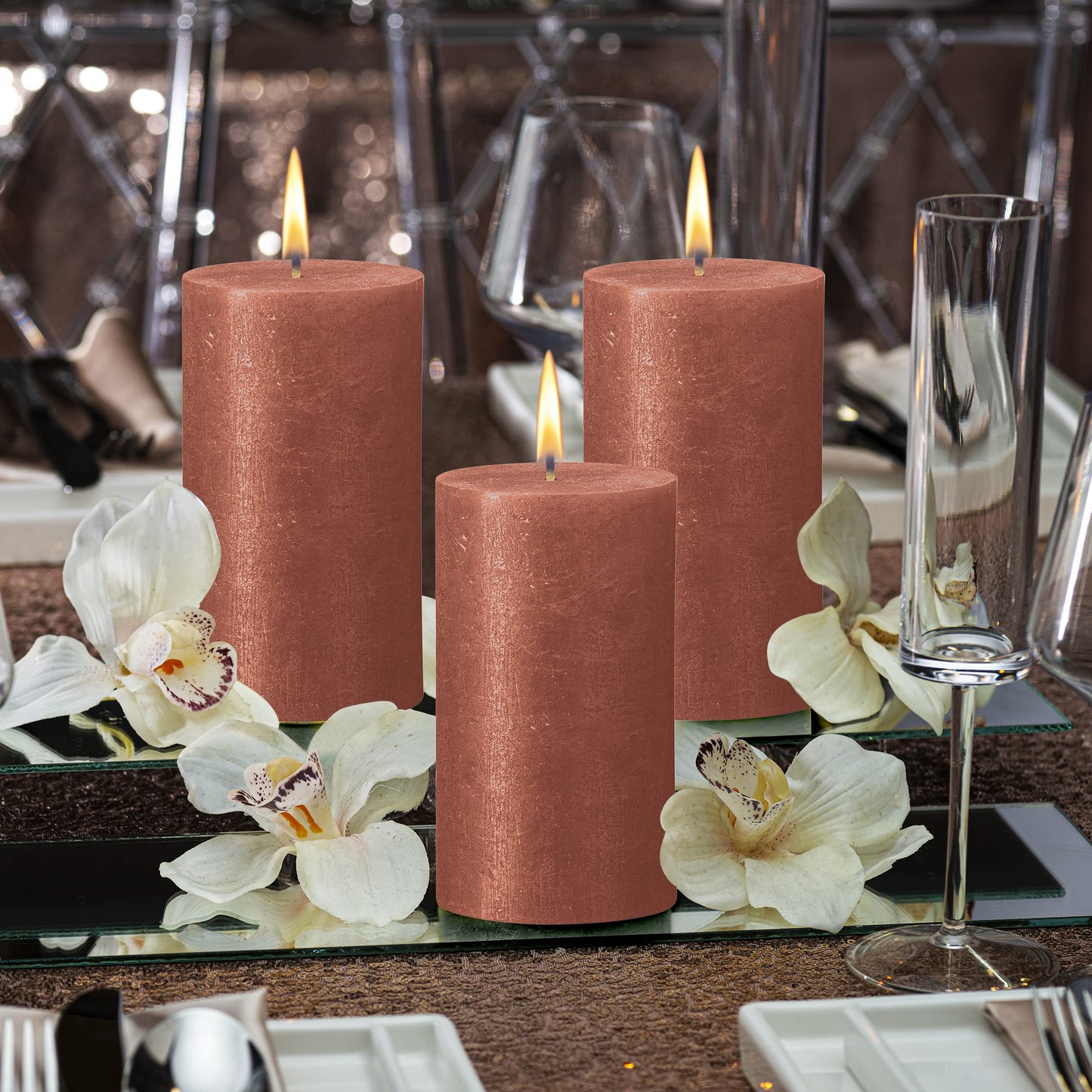 BOLSIUS Amber Shimmer Metallic Pillar Candles 4 Pack - 2.75 X 7.5 Inches - Premium European Quality - Includes Natural Plant-Based Wax - Unscented Dripless Smokeless 85 Hour Party Décor Candles