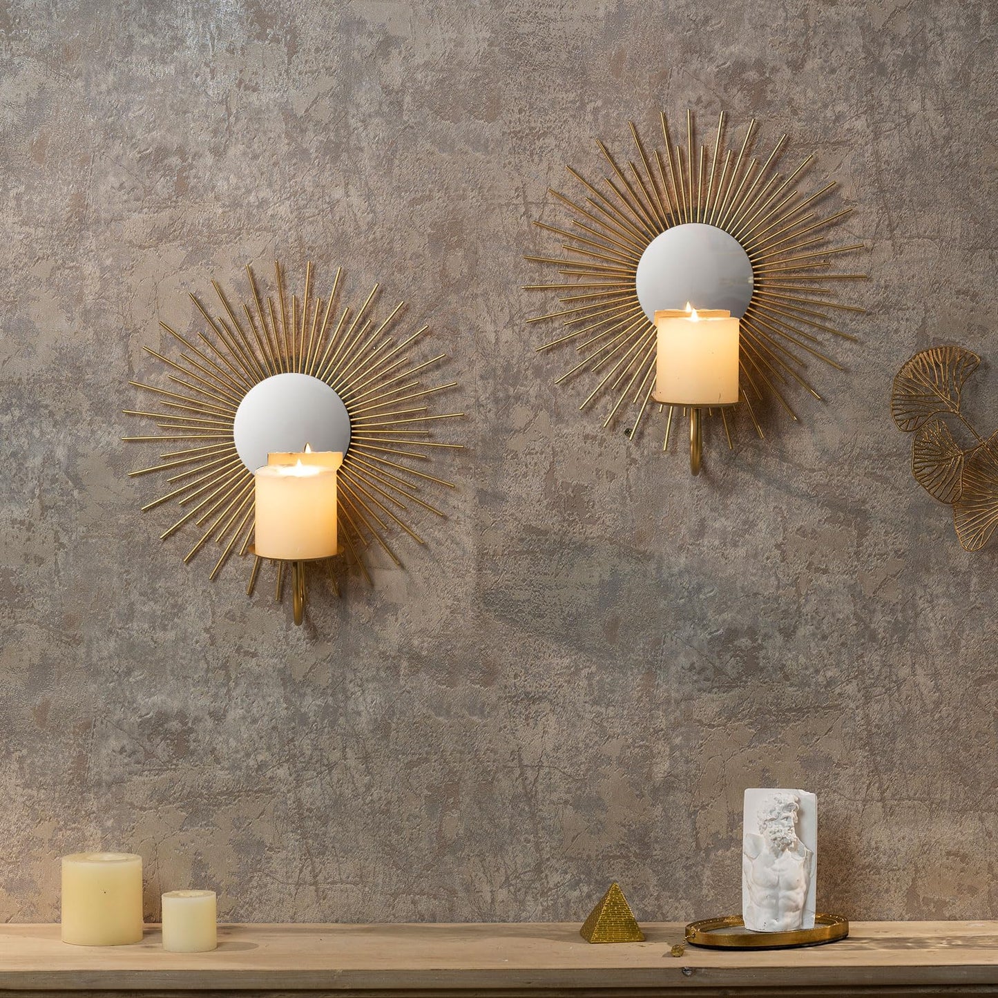AIM & GGKK Wall Candle Sconce Holder,Set of 2 Mirror Wall Mounted Metal Candle Holder for Home,Living Room, Dining Room,Rustic Farmhouse Boho Decorations