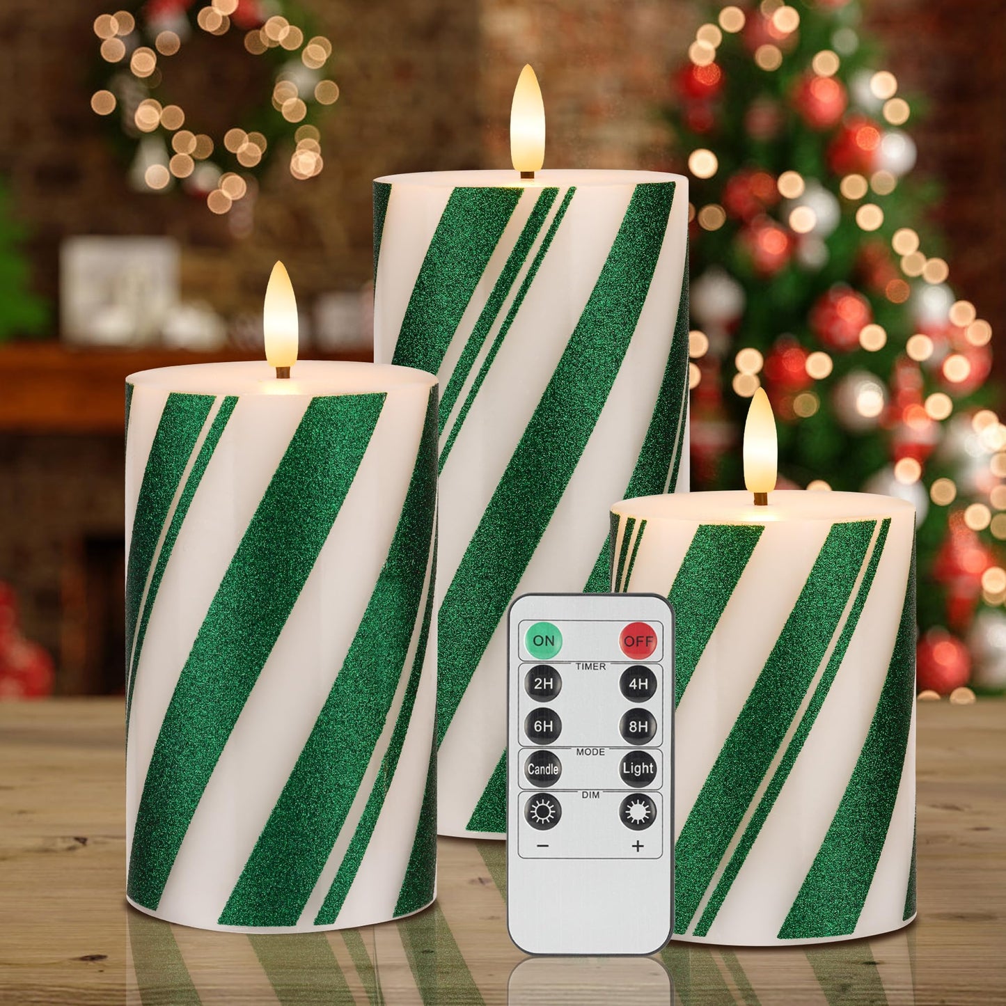 AFINETH Candy Cane Stripe Flameless Candles with Remote, Green Battery Operated Pillar Candles Real Wax, Flat Top Flickering Christmas LED Candle Decorations for Xmas, Home, Party Decor, Set of 3