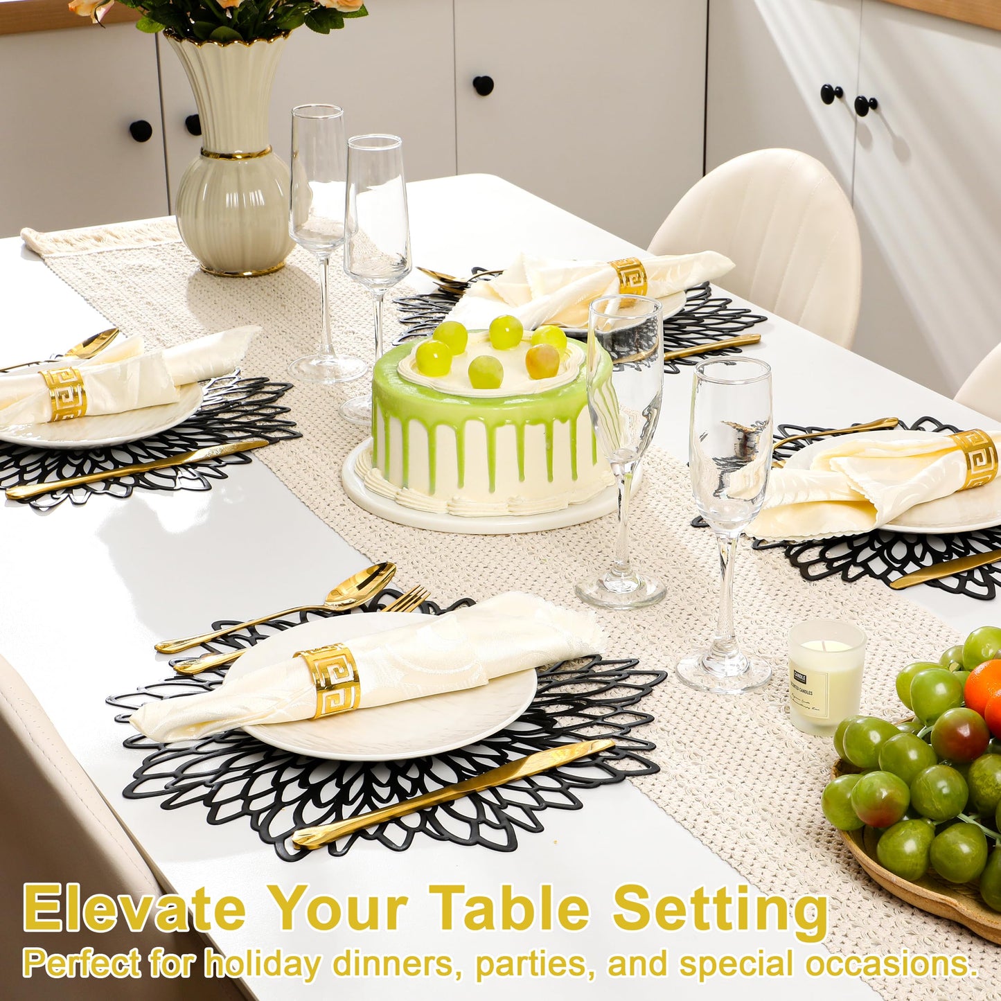Set of 8 Round Placemats Black, Heat-Resistant PVC Table Mats with Luxury Metallic Glossy Finish for Thanksgiving Christmas Wedding Party Decor, Easy to Clean