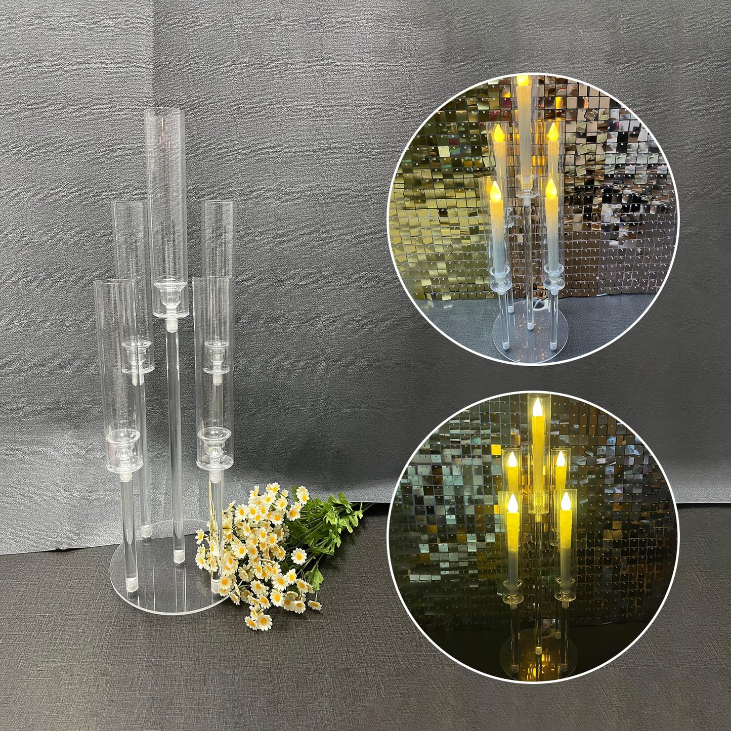 Clear 5 Arms Candlesticks Holder with Acrylic Shade for Wedding Table Decorations,26'' Tall Acrylic Candelabra Centerpieces for Candlelight Dinner Party Fireplace Gift Fit LED Candle（6 Pcs）