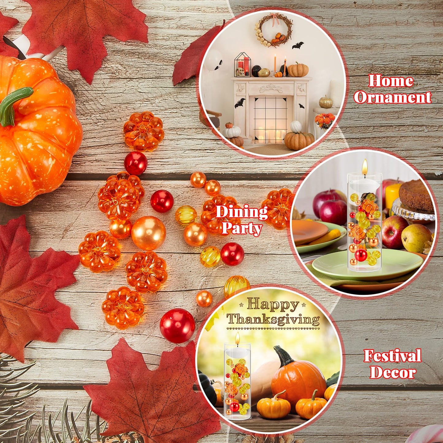 MTLEE 124 Pcs Thanksgiving Vase Filler Faux Pearl for Vase Filler with 8 White Unscented Candles for Fall Thanksgiving Home Table Party Festival Decors, Not Included Clear Beads(Pumpkin)