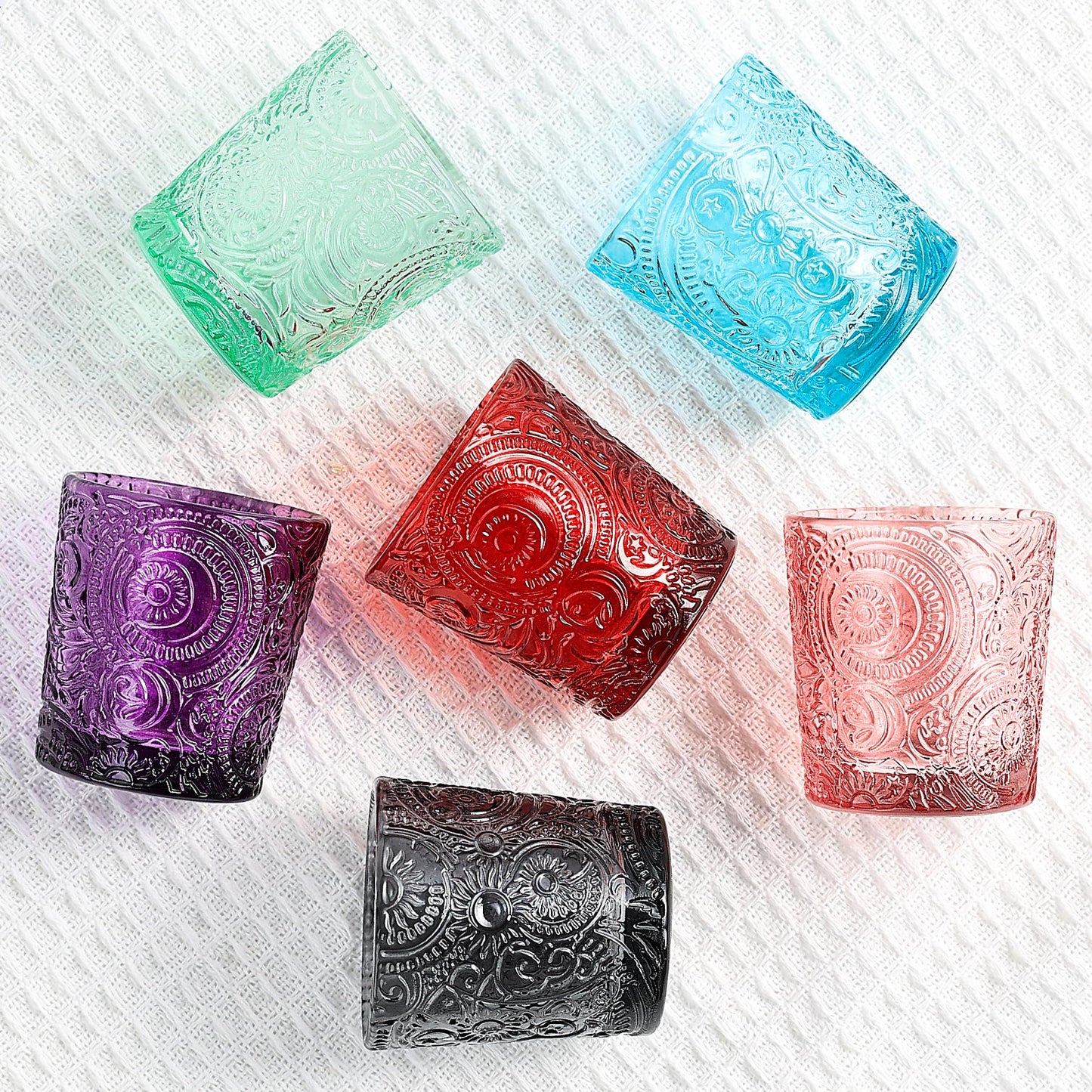 6 Pack Patented Sun Moon Star Embossed Glass Tea Light Candle Holders - Unique Votive Candle Holders for Wedding, Party, and Table Centerpieces (Multi-Color)