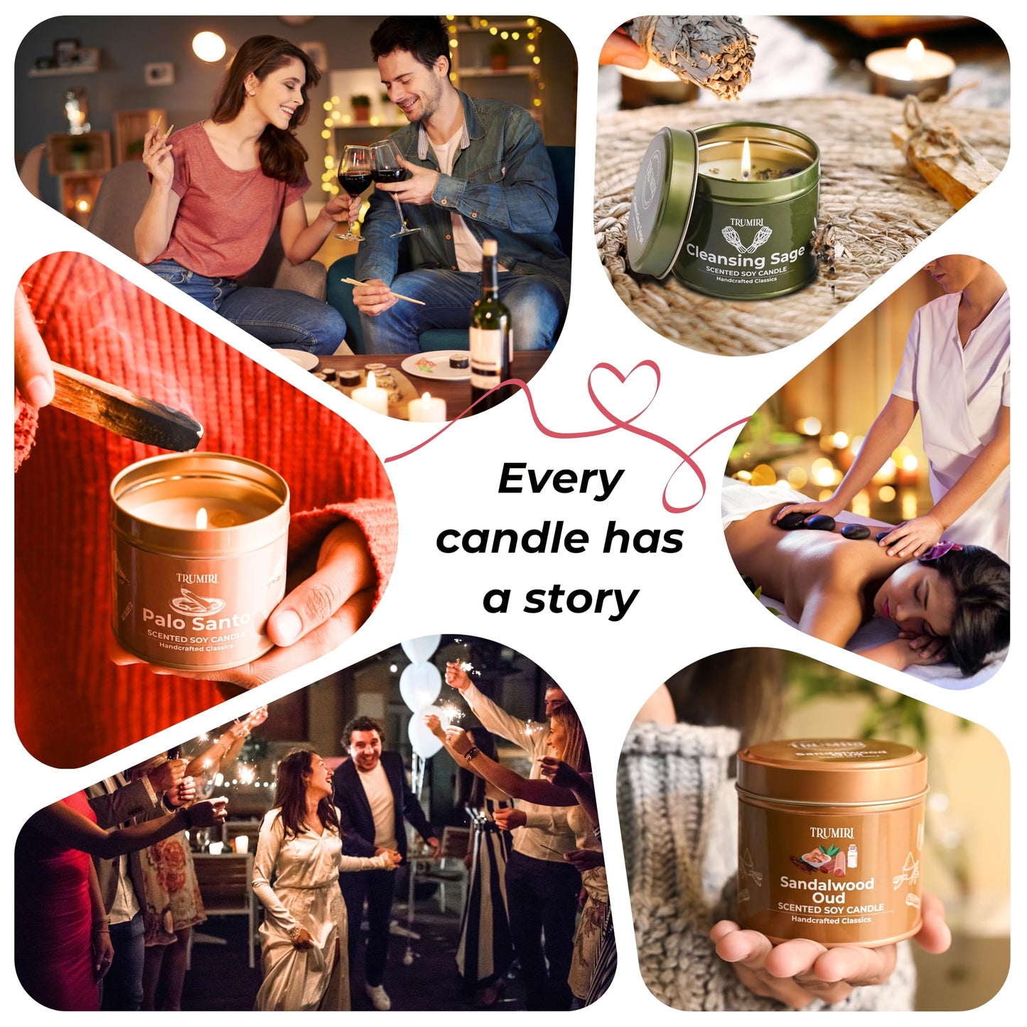 Cleansing Sage, Palo Santo, Sandalwood Oud - Soy Candles Non Toxic - Highly Scented Long Lasting with Essential Oils - Variety Pack of 3 x 5oz - for Home Aromatherapy Meditation Gift Travel