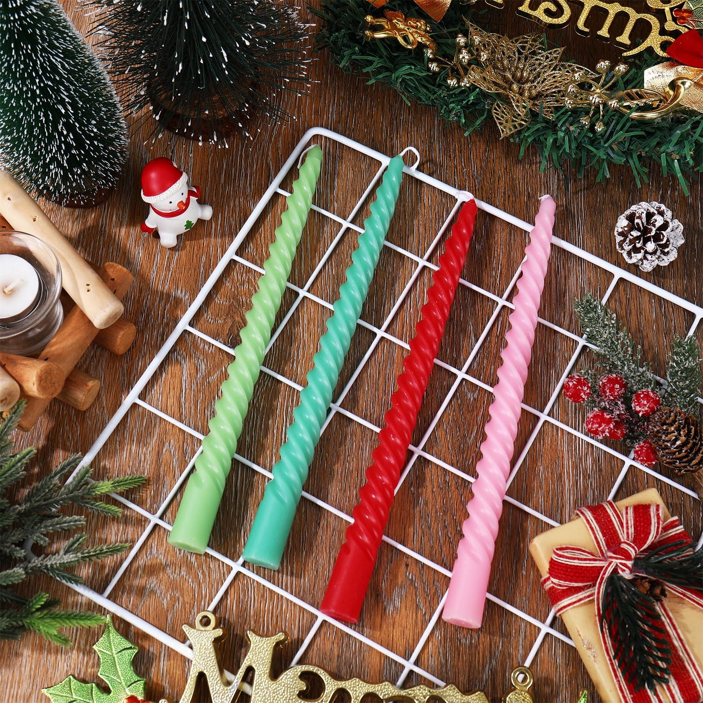 Whaline 8Pcs Christmas Spiral Taper Candles Red Green Pink Xmas Dripless Twisted Wax Candles 10 Inch Long Unscented Candle Sticks for Birthday Wedding Holiday Dinner Party Holiday Home Table Decor