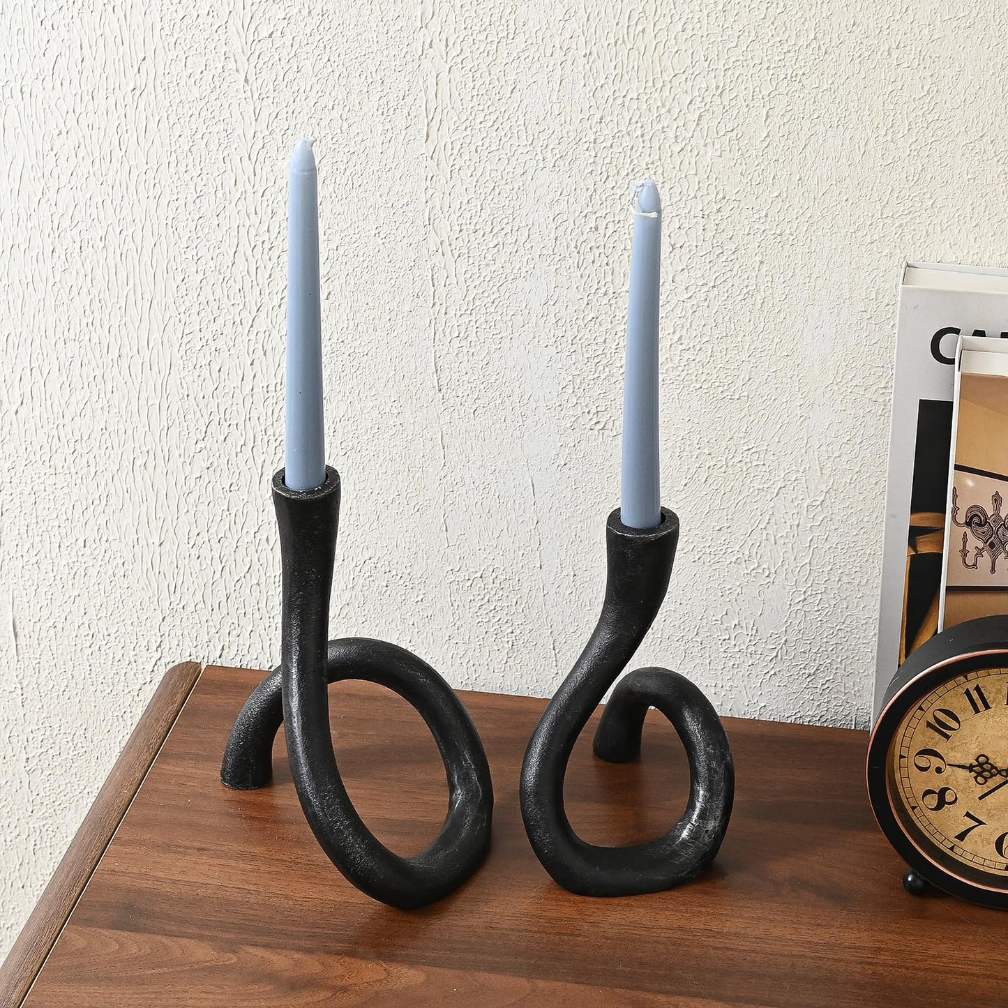 Black Cast Iron Taper Candle Holder, Candlestick Holder Decorative, Gift Tapered Candle Holders for Home Decoration, Bedroom, Dinning, Mantel, Kitchen, Party, Set of 2