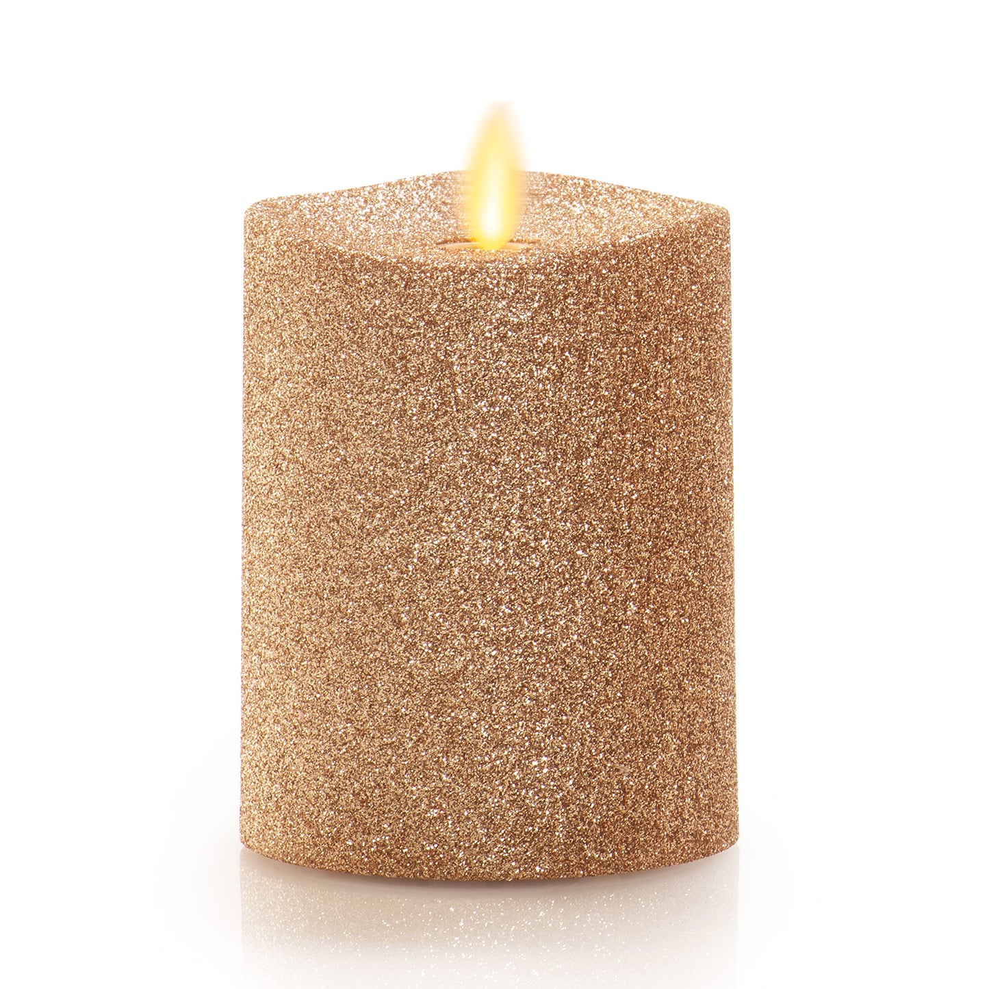 Luminara Realistic LED Moving Flame Pillar Candle, Gold Metallic Glitter, 3" x 4.5" Inch, Battery Operated w/Remote, Indoor Outdoor, Timer Function