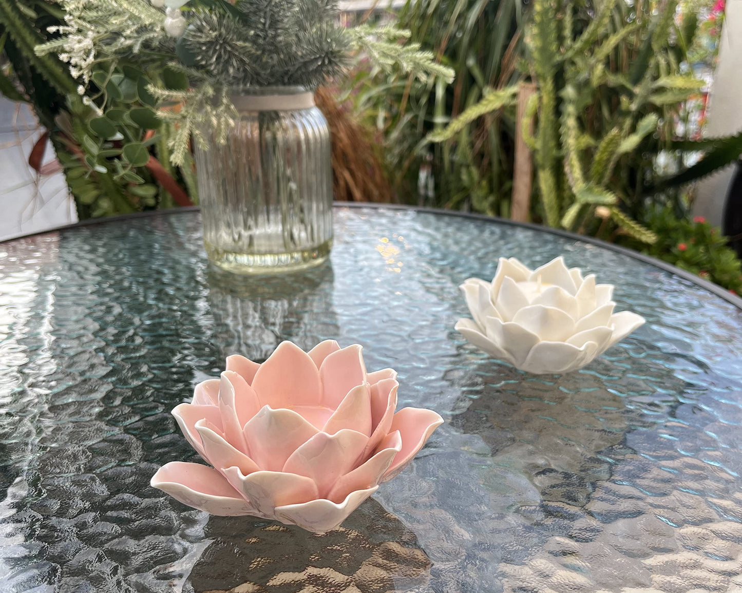 Pretty Home Ceramic Lotus Candle Holder Handmade Petals Style Flower Tea Lights Holder Home & Tabletop Centerpiece Decoration (Pink)