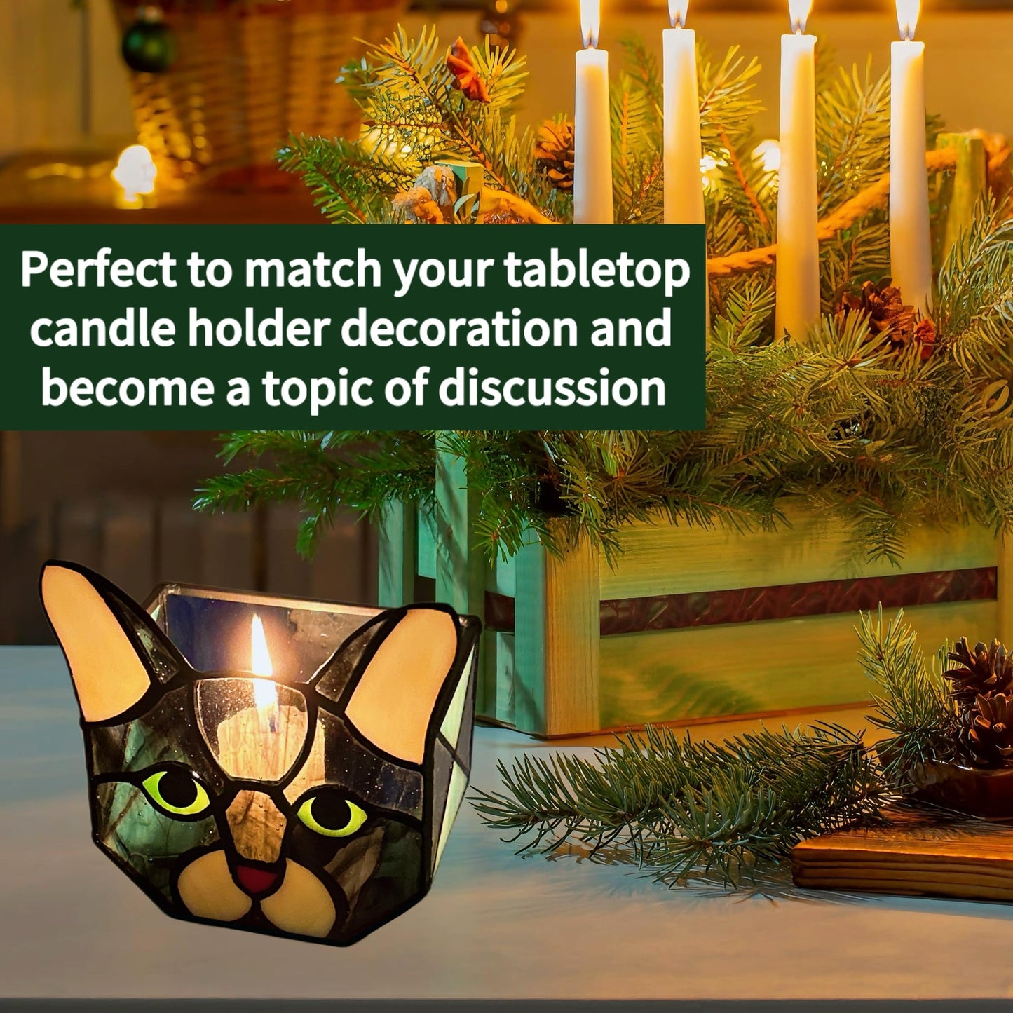 Entlityful Stained Glass Cat Tea Light Candle Holder Glass,Pencil Holders for Desk,Funny Cactus Pot,Gift for Cat Lover