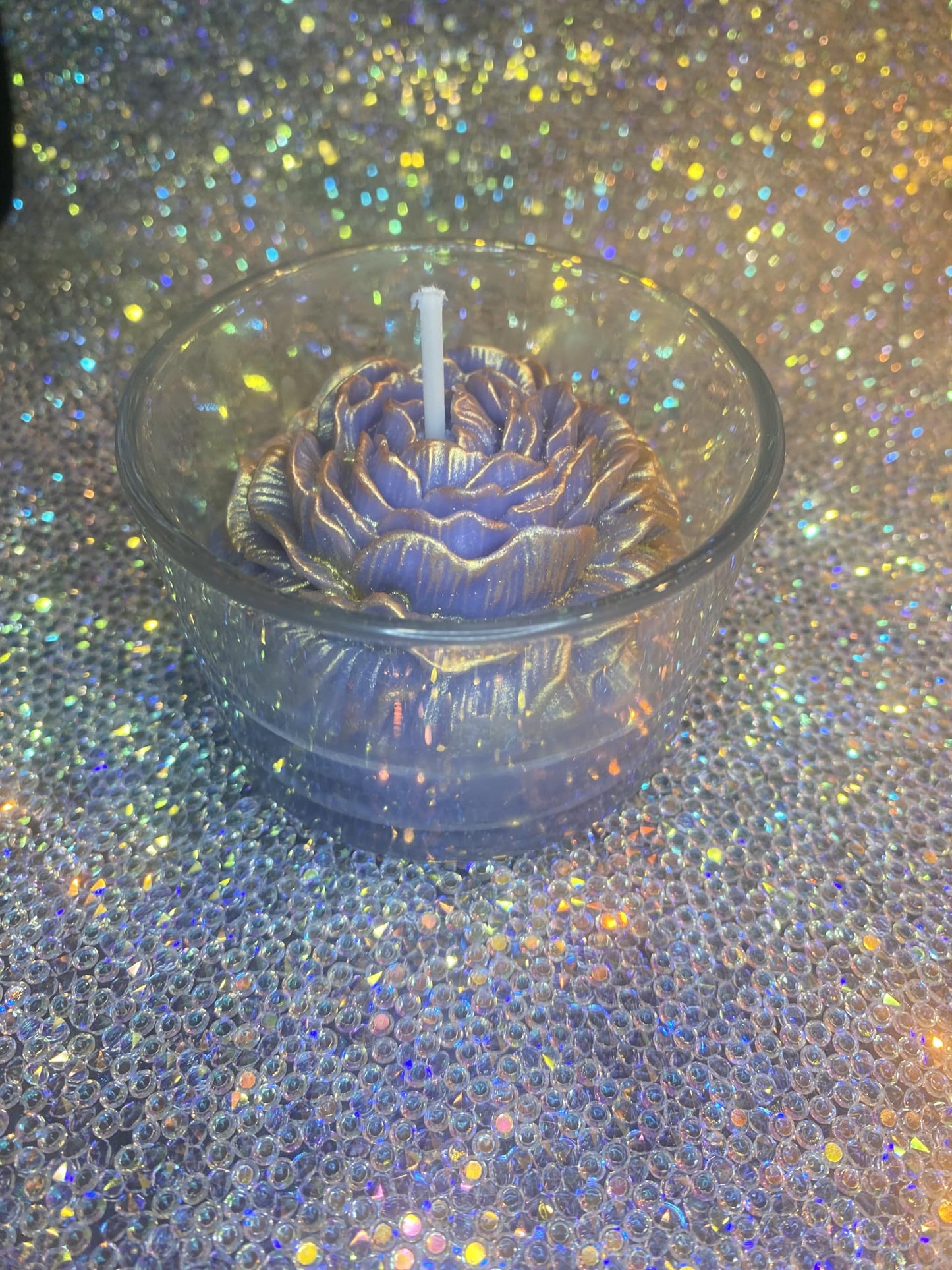 Decorative Shimmery Glass Candle with Floral Design, Blue, 4oz, Holographic Glitter Effect
