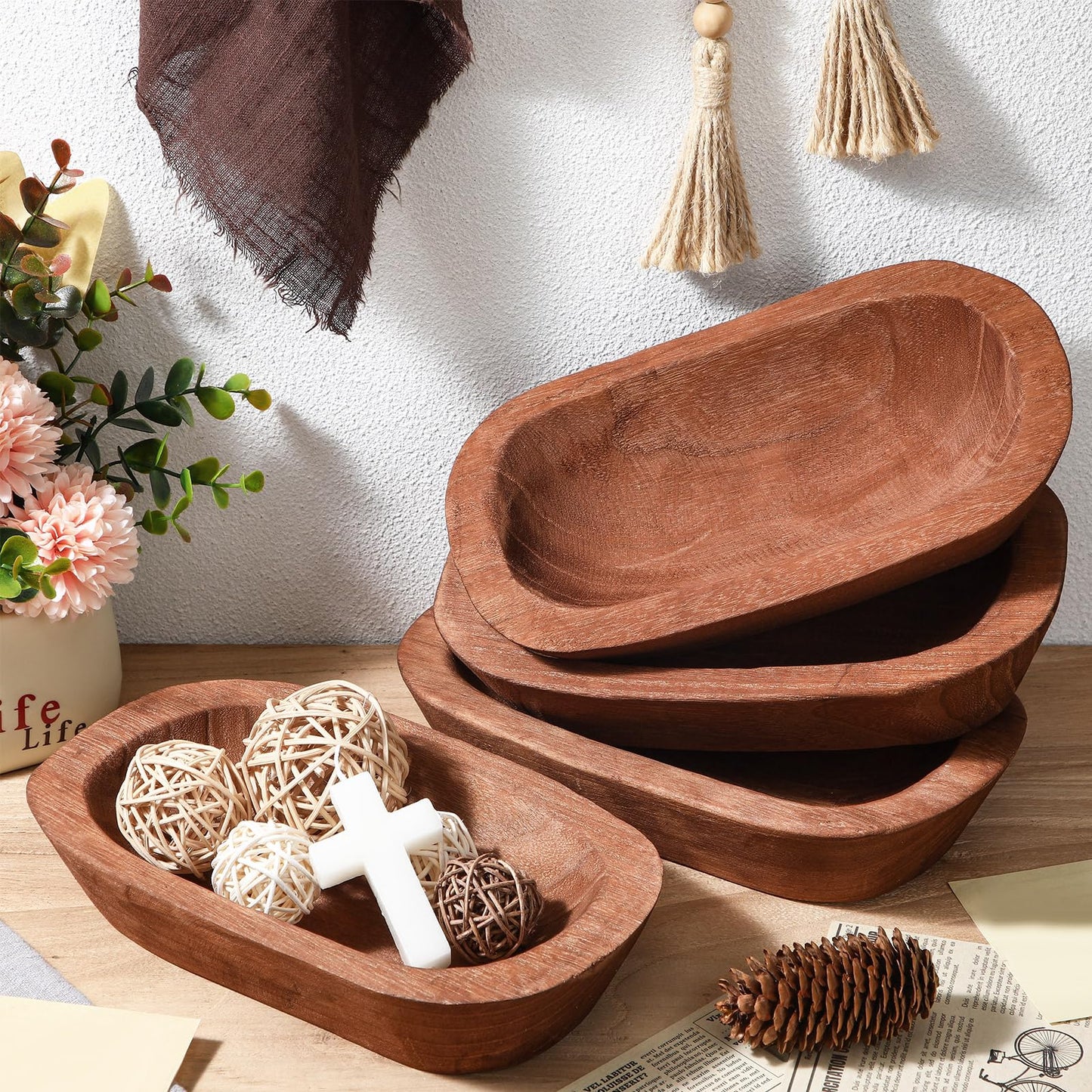 FoldTier 4 Pcs Wooden Dough Bowl Bulk Wood Decorative Rustic Wooden Bowls Wedding Table Centerpiece for Living Room Home Dining Room Kitchen Easter Decoration(Brown,10'' X 6'' X 2'',Classic)