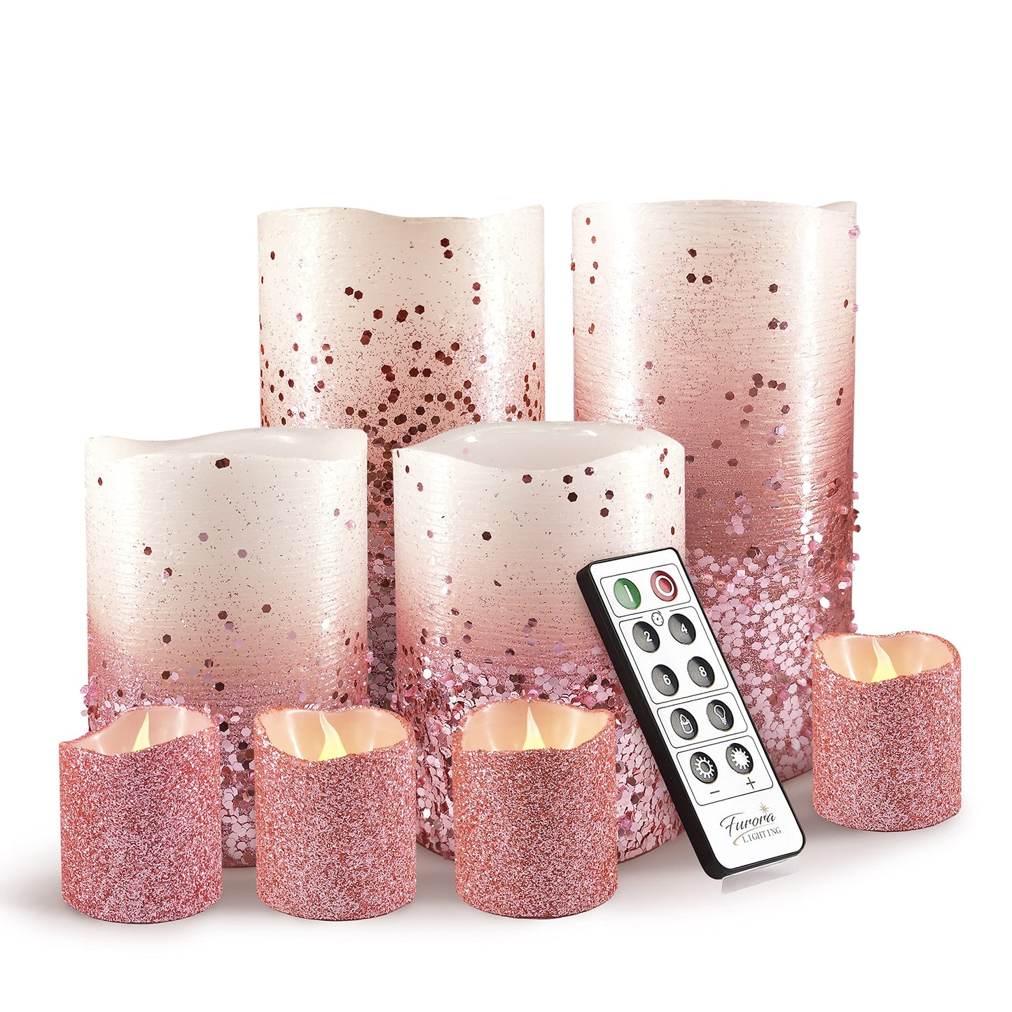 FURORA LIGHTING Pink Glitter Flameless Candles - Real Wax, Adjustable Brightness, Remote & Timer - 4 Pillars (3x4, 3x6) and 4 Votives, 8-Pack, Battery Operated