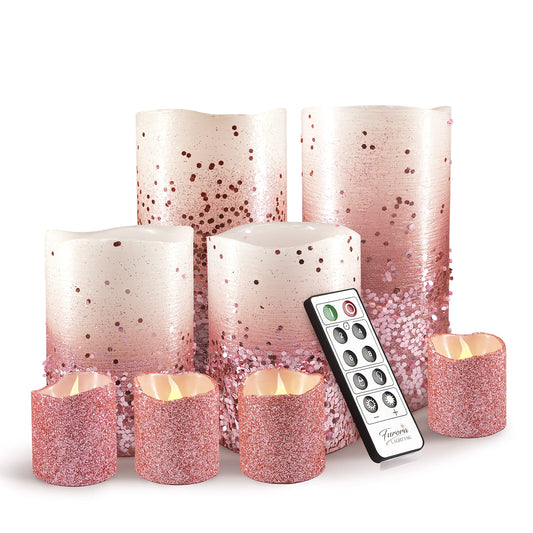 FURORA LIGHTING Pink Glitter Flameless Candles - Real Wax, Adjustable Brightness, Remote & Timer - 4 Pillars (3x4, 3x6) and 4 Votives, 8-Pack, Battery Operated