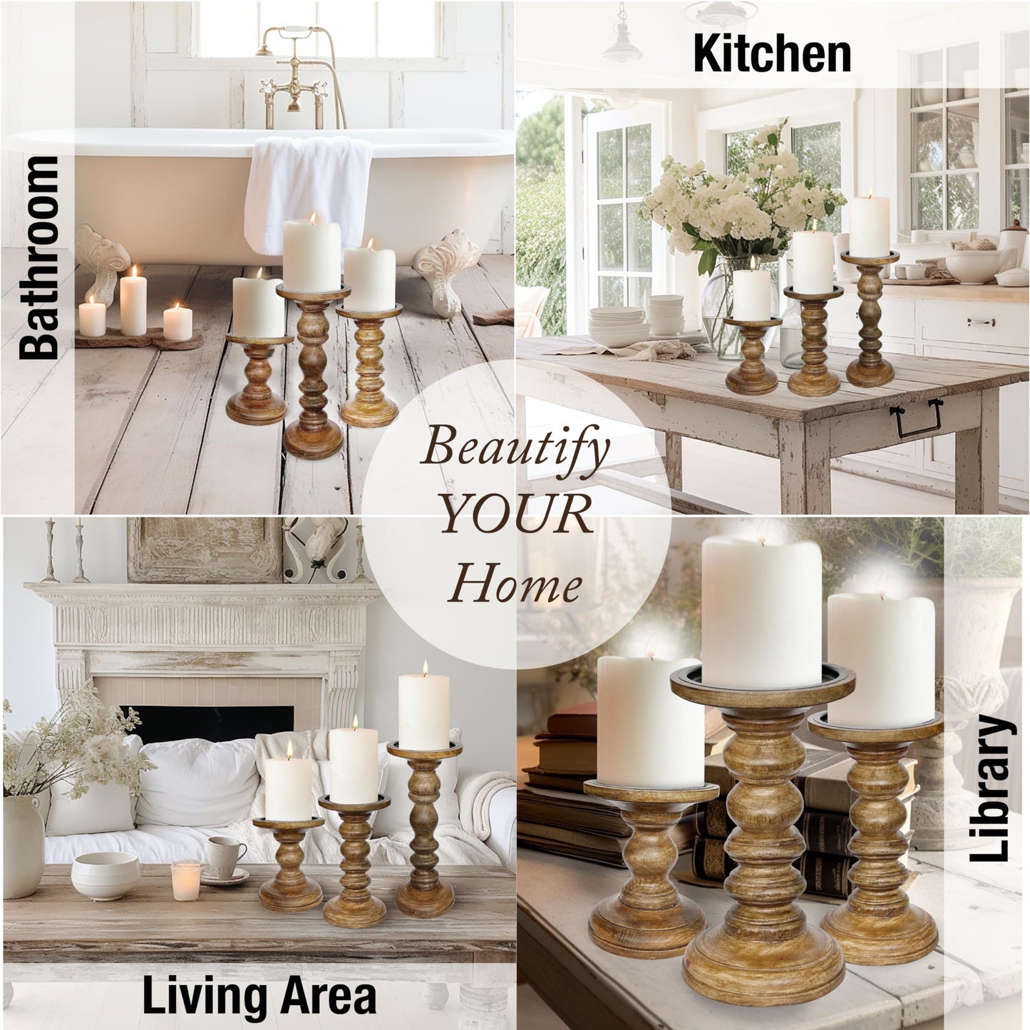 My Fancy Farmhouse Large Wood Candle Holders (Set of 3) - Tall Rustic Pillar Candlestick Stands - Fits 4 inch & 3 inch Pillar Candles - Modern Farmhouse Decor (Walnut Brown)