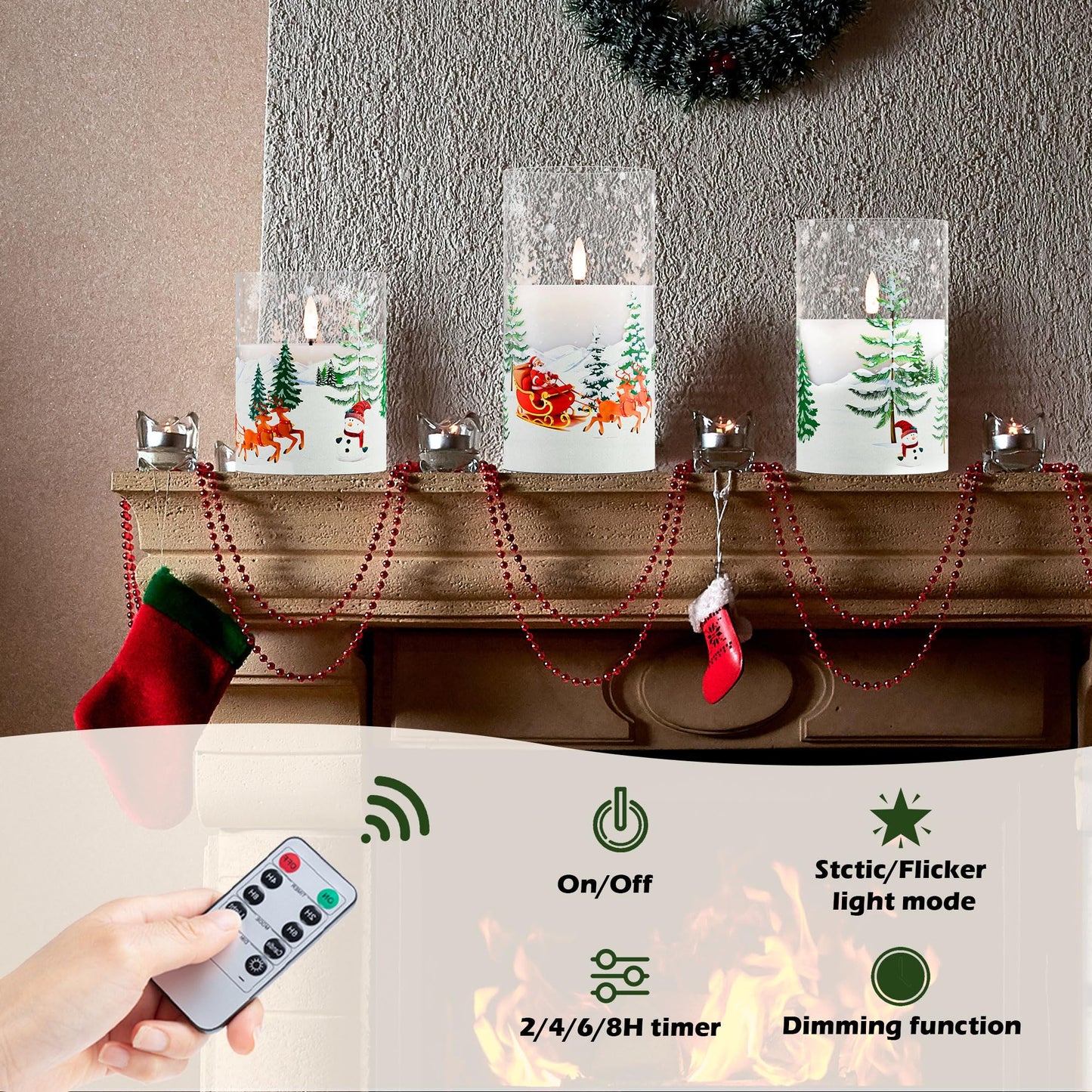 AFINETH Christmas Flameless Candles with Remote, Glass Santa Claus Battery Operated Candles, Real Wax Flickering LED Pliiar Candles for Xmas, Holiday, Home Decor, Set of 3